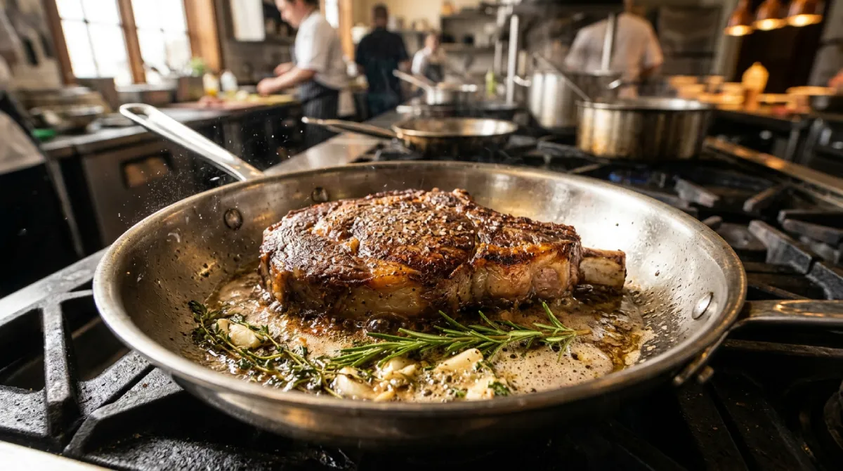 Searing steak in 3-ply stainless steel cookware with precise thermal control.