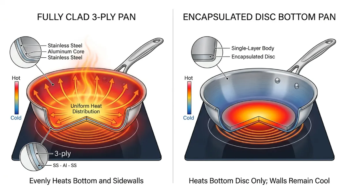 Thermal heat distribution comparison between 3 ply fully clad cookware and impact bonded capsule bottom cookware.