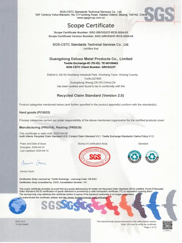 SGS RCS Recycled Claim Standard Certificate