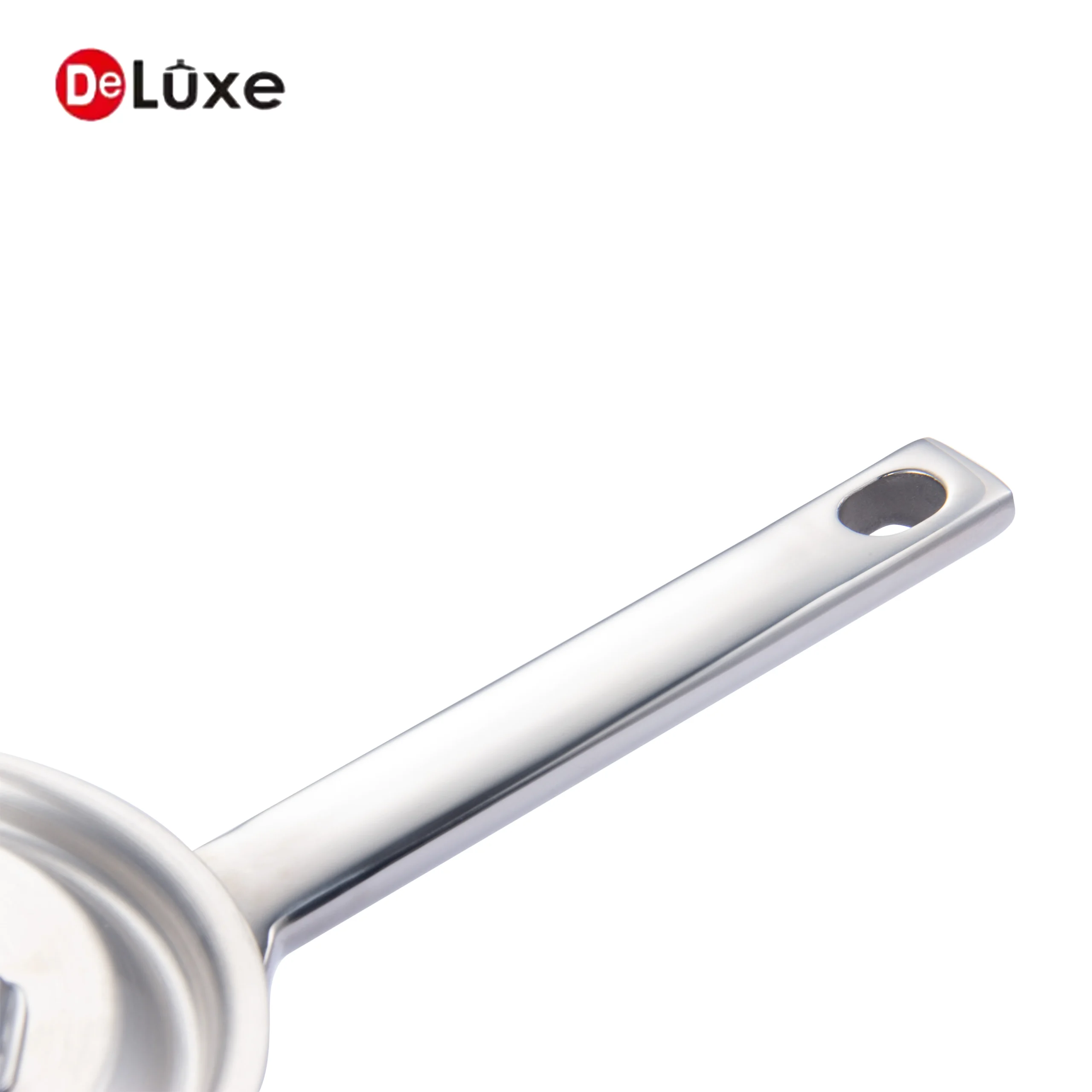 DeLuxe 3-Layer Composite Stainless Steel Saucepan, integrated stainless steel handle with hanging hole for convenient storage, matched with one-piece stainless steel lid