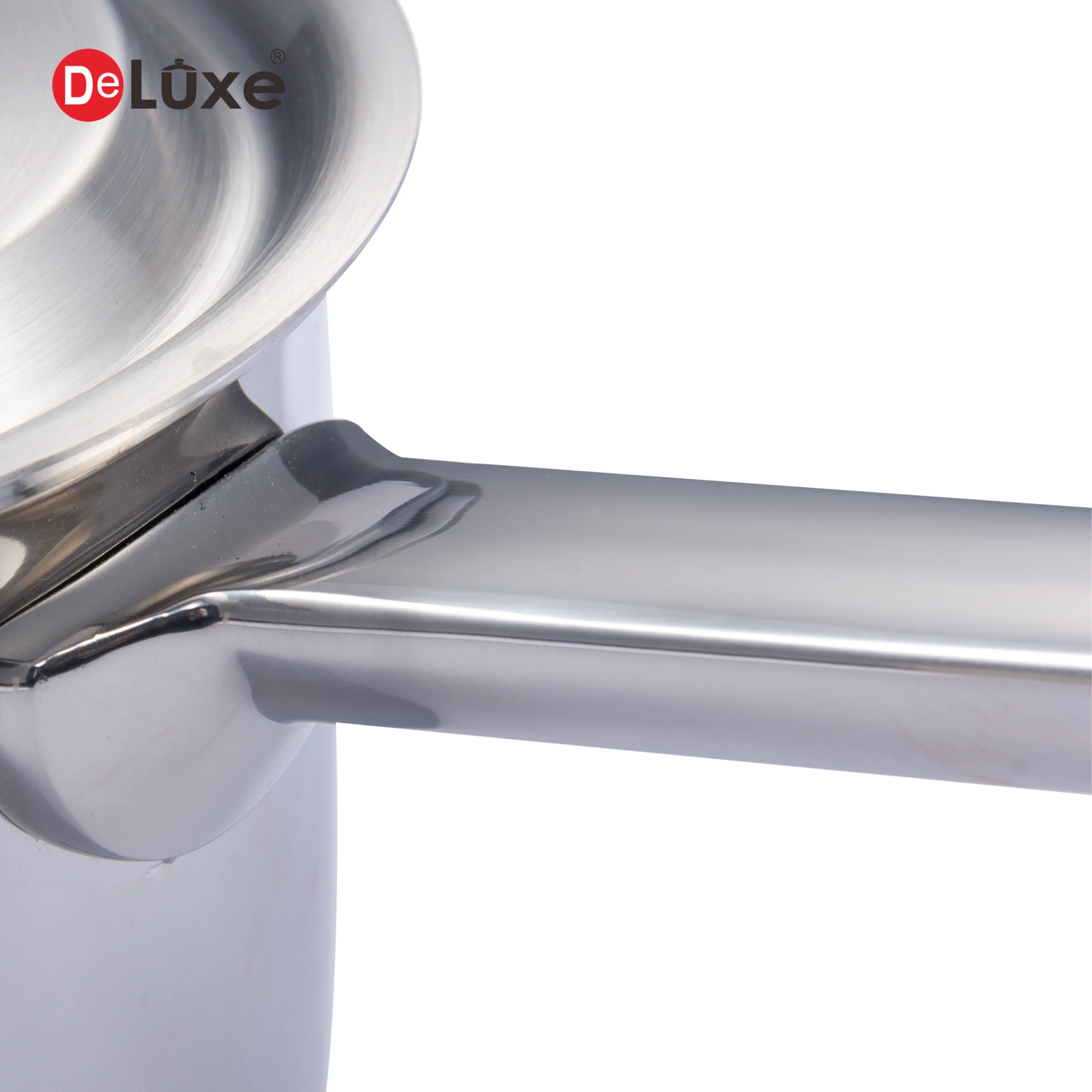DeLuxe 3-Layer Composite Stainless Steel Saucepan, solid welded stainless steel handle connection detail, durable one-piece welding craftsmanship