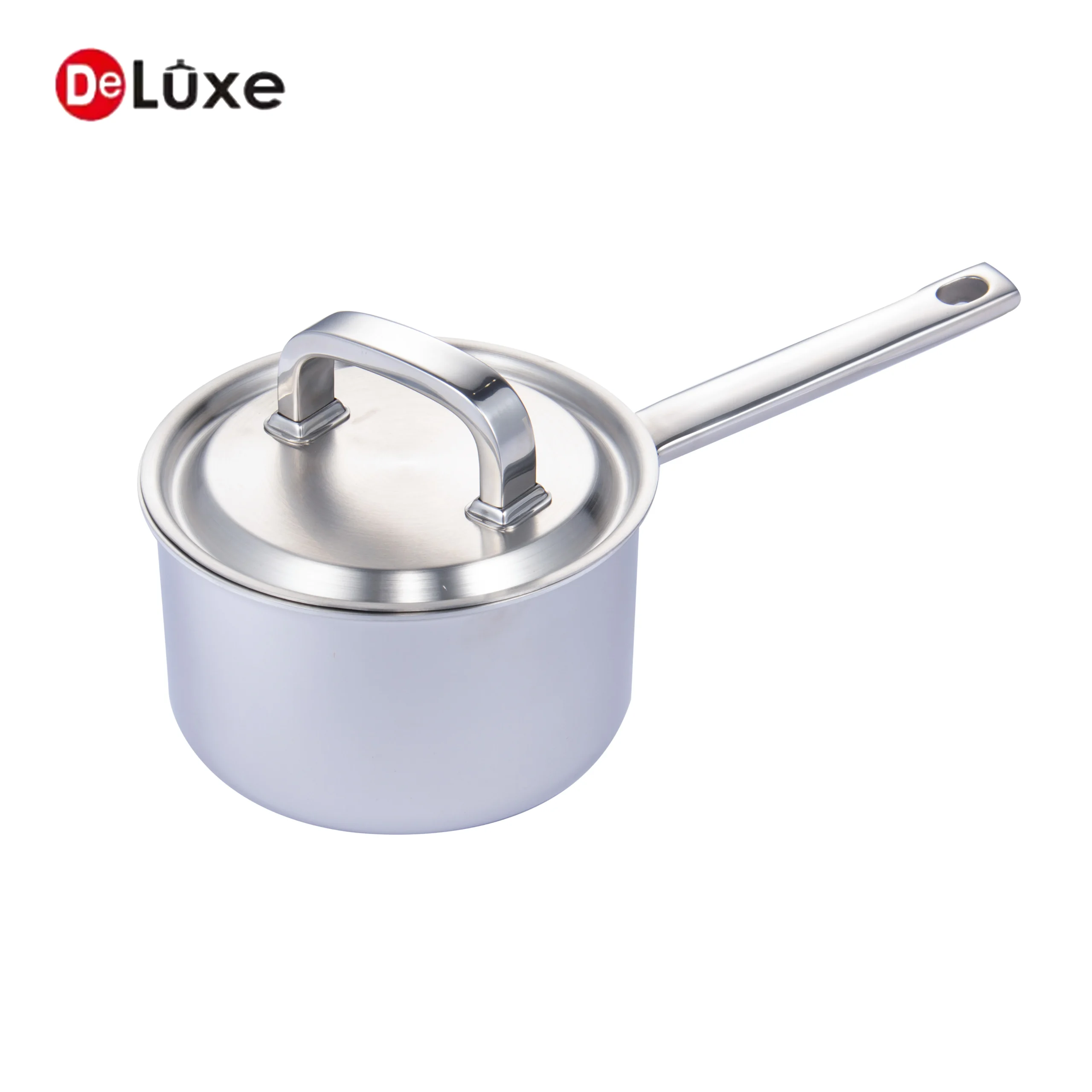 3-layer composite stainless steel straight saucepan with square tube cast steel single handle and matching one-piece molded stainless lid