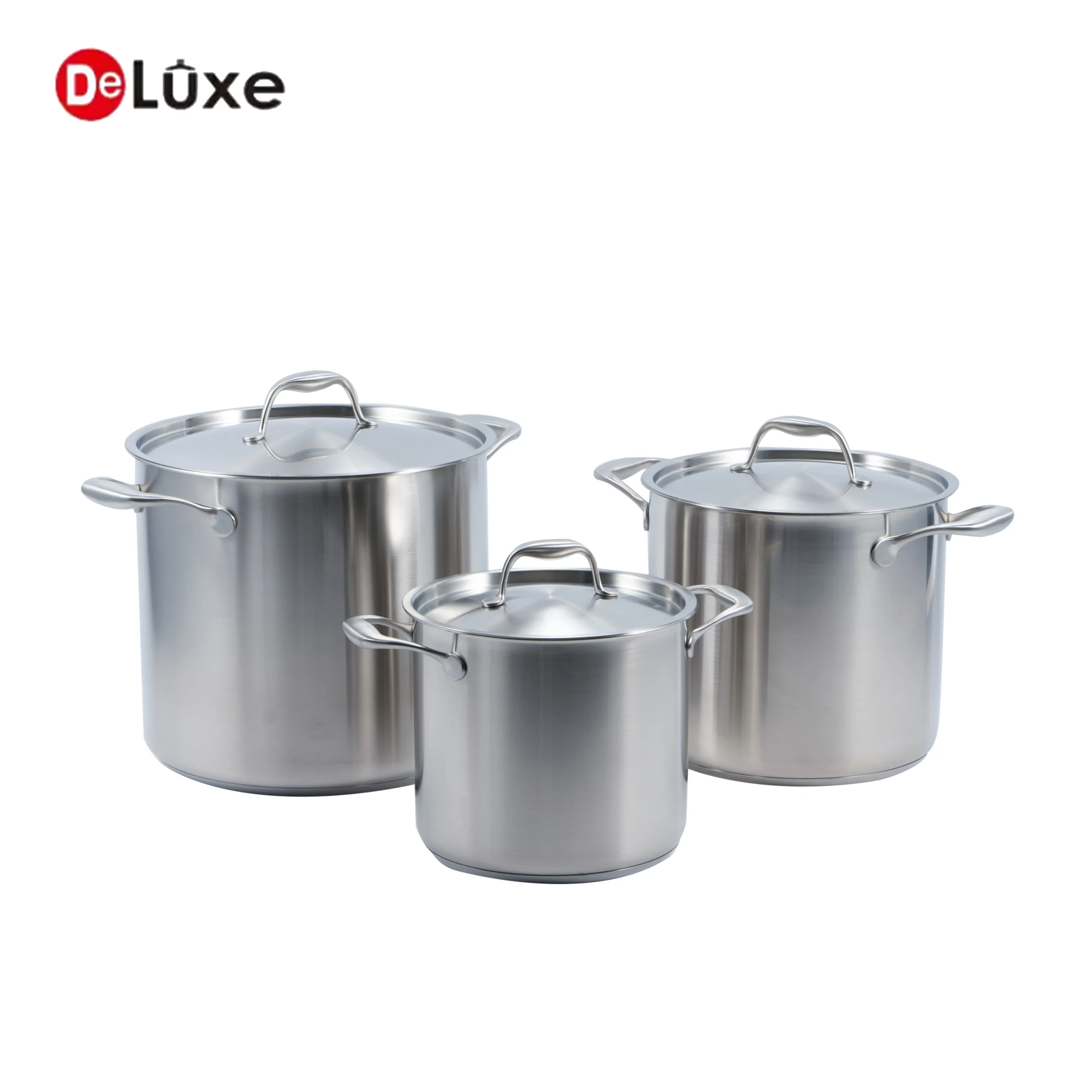 Complete set of 3 sizes tall deep SS304 stock pots with hollow cast steel double handles and stainless lids, available to buy separately or as full 6-piece combo with discount
