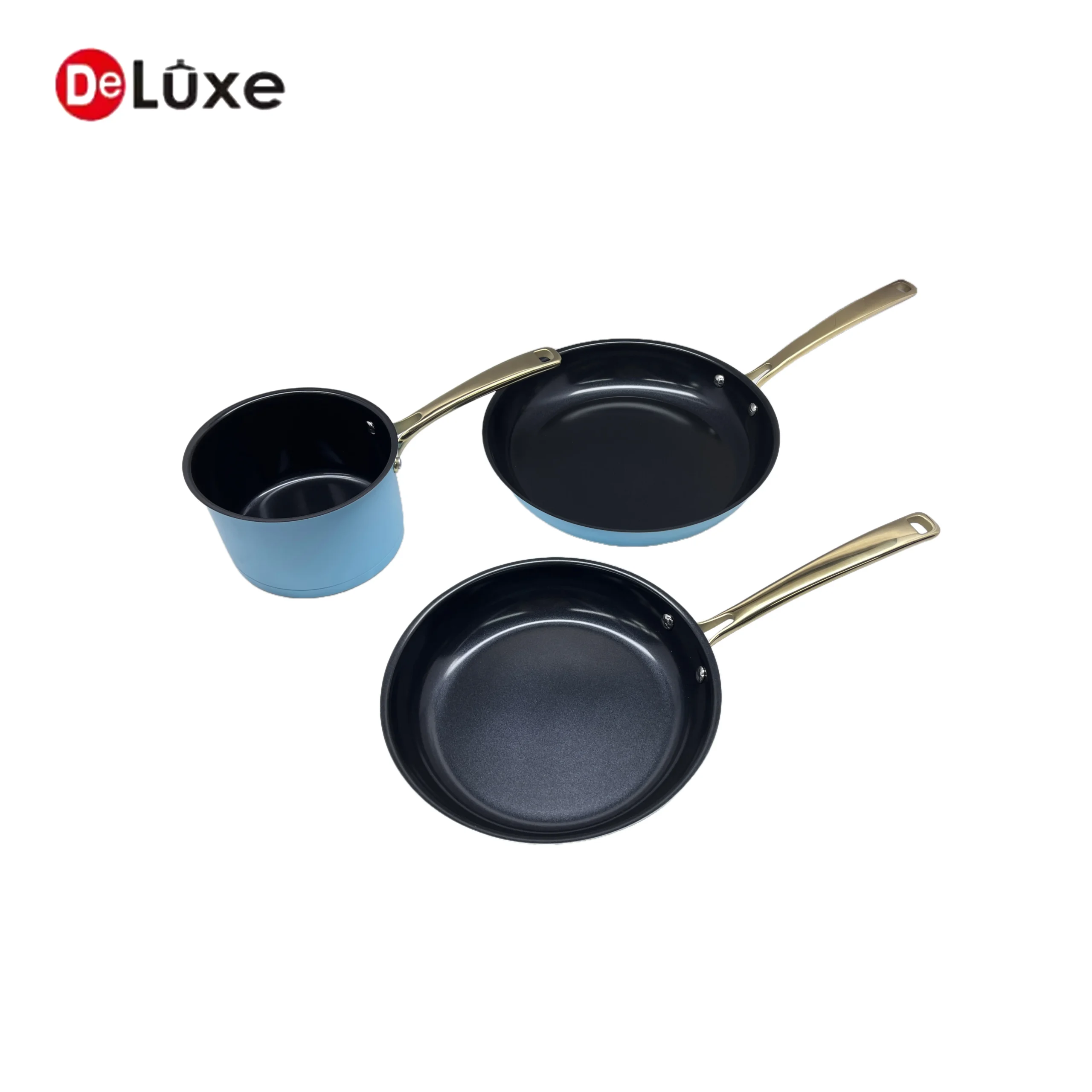 Complete 3-piece blue exterior non-stick cookware set, 1 saucepan + 2 sloped high-sided frying pans, hollow cast steel handles, works on gas and induction cooktops