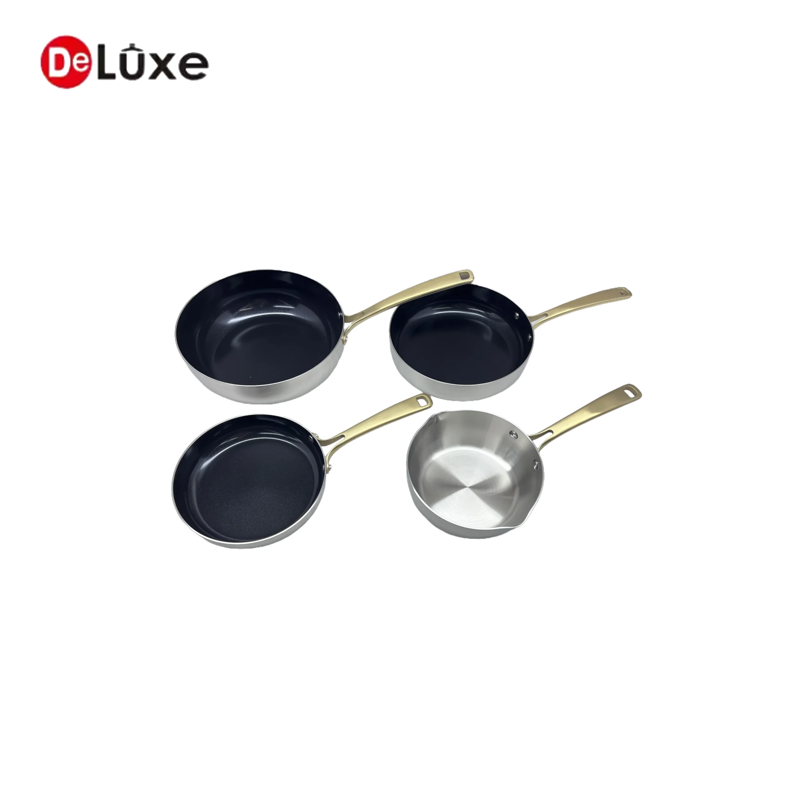 Complete 4-piece composite stainless steel frying pan set, optional non-stick & bare stainless interior, champagne gold hollow cast steel handles, compatible with gas and induction cooktops