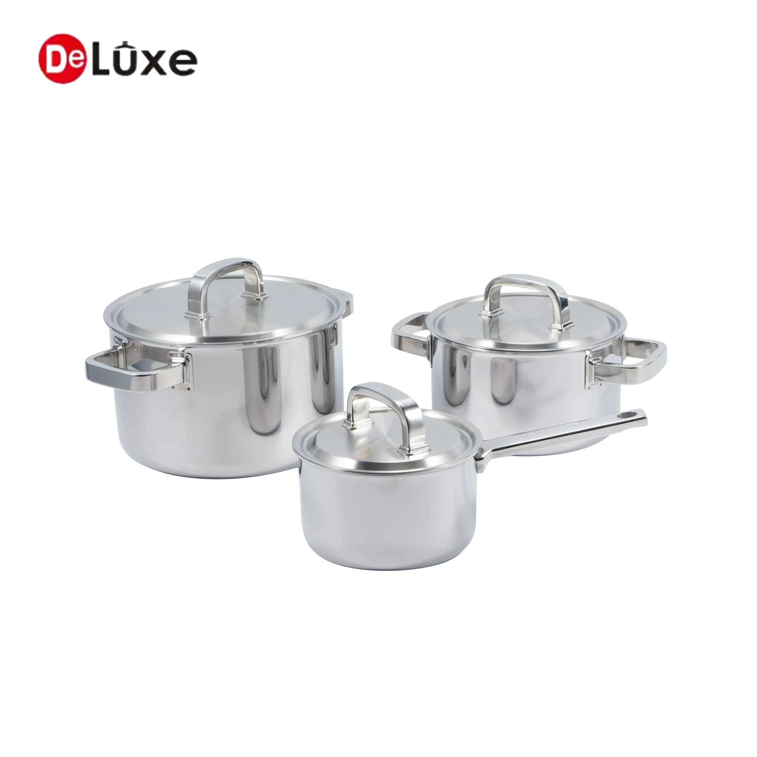 Complete 6-Piece 3-Layer Composite Stainless Steel Straight Cookware Set, thick multi-layer pot body, square tube cast steel spot welded handles and one-piece molded solid stainless lids, full combo with single saucepan + double handle stock pots