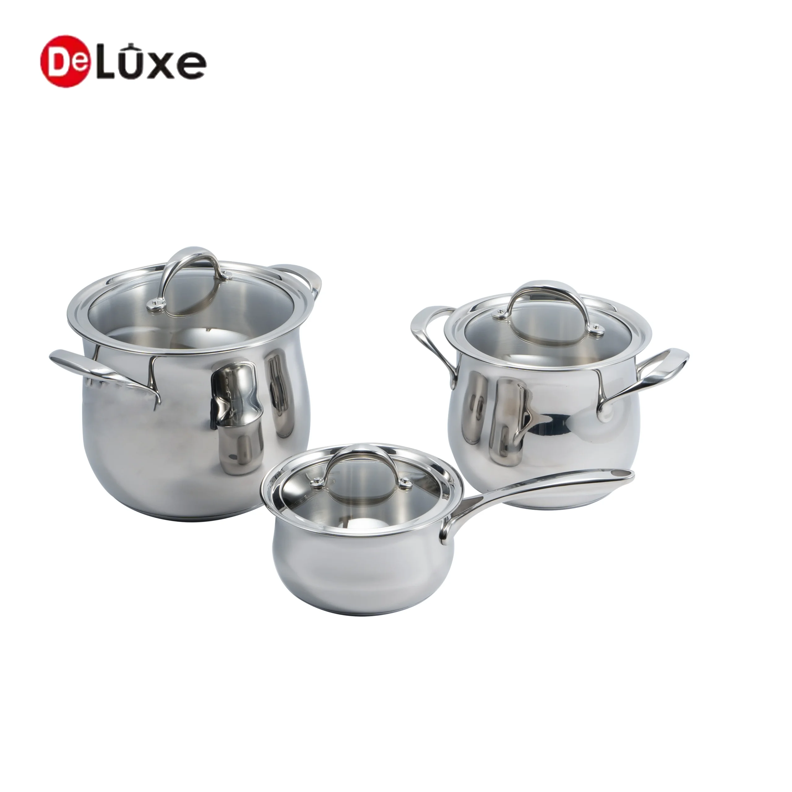 Complete 6 piece belly shape stainless steel cookware set, 3 pots with one-piece molded stainless lids and solid silver cast steel handles