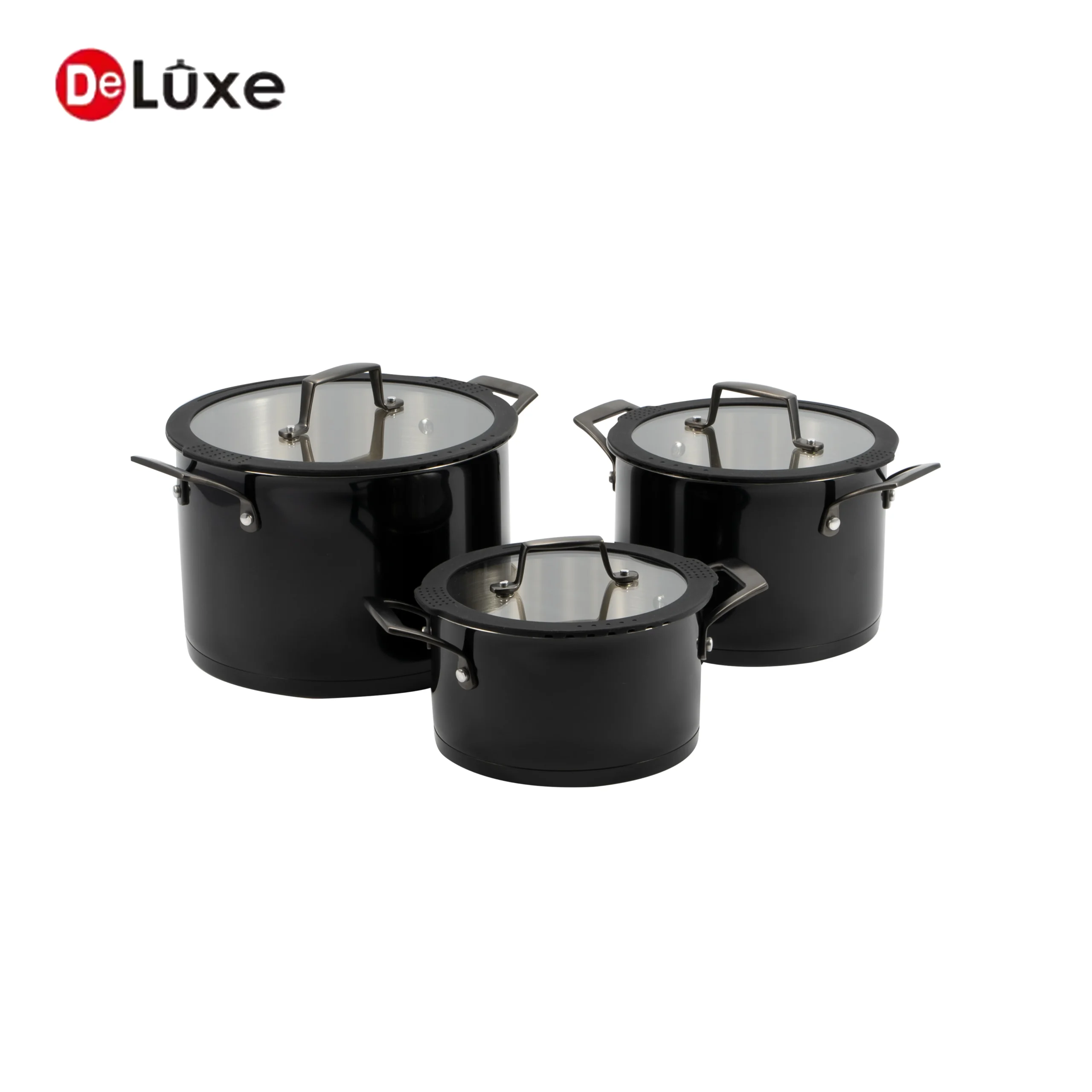 Complete 6-Piece Black Straight Stock Pot Set with silicone rim sealed glass lids and black PVD double handles