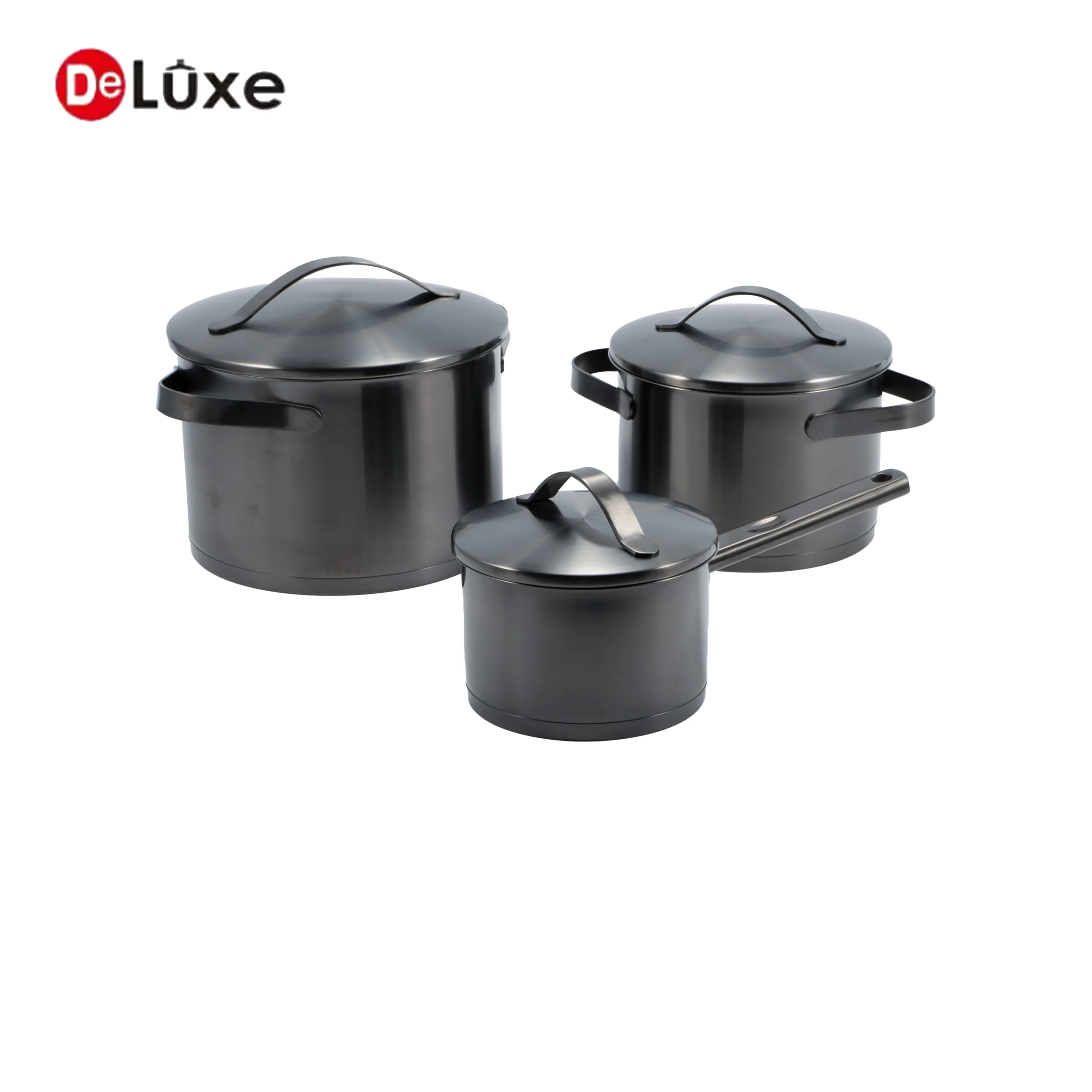 Complete 6-Piece Full Black PVD Sandblasted Straight Stainless Cookware Set, 3 straight pots with ribbon curved black PVD lids and full black PVD coated stainless handles