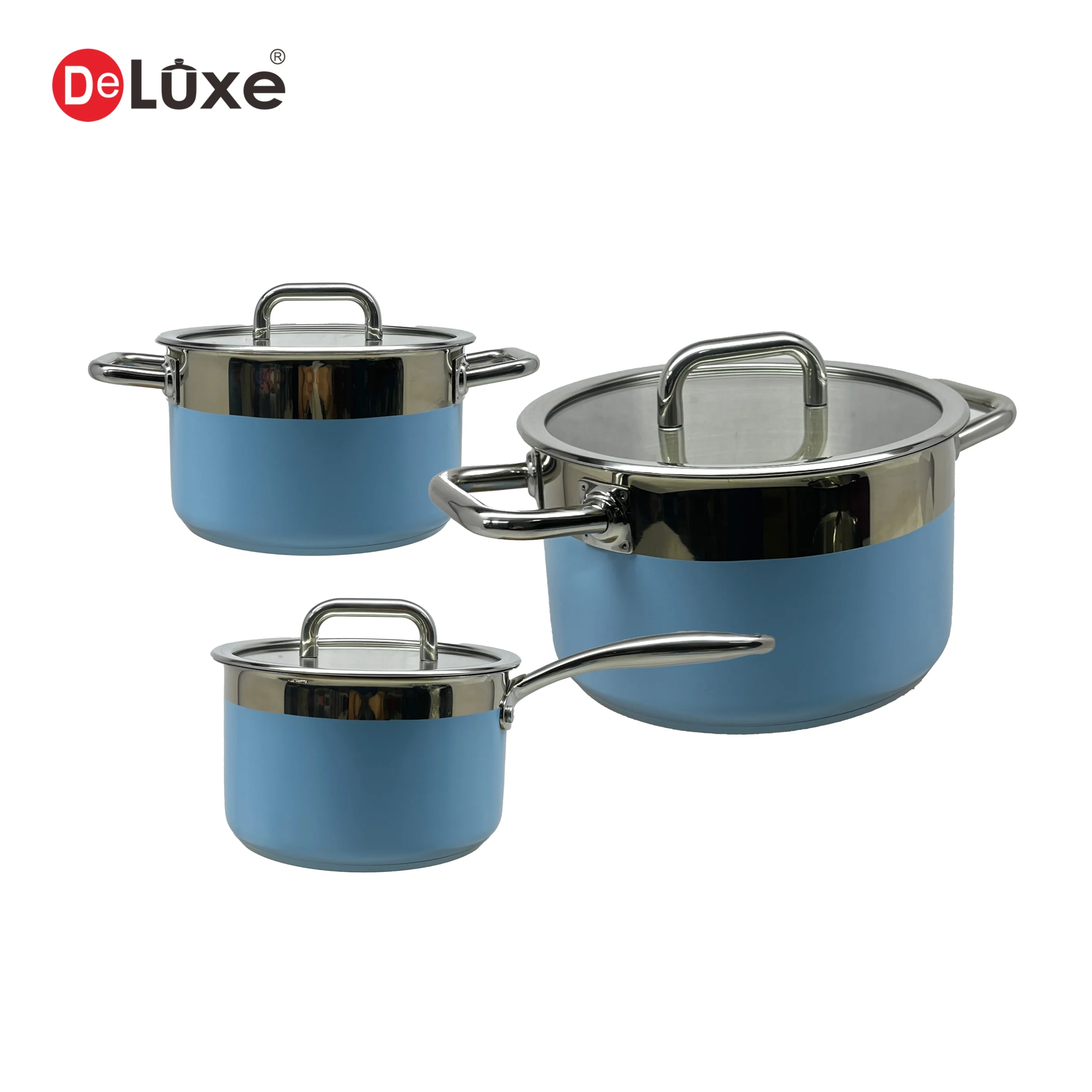 Complete 6-piece ocean style blue mirror stainless steel cookware set, 1 saucepan + 2 double handle stock pots with glass lids, compatible with gas and induction cooktops