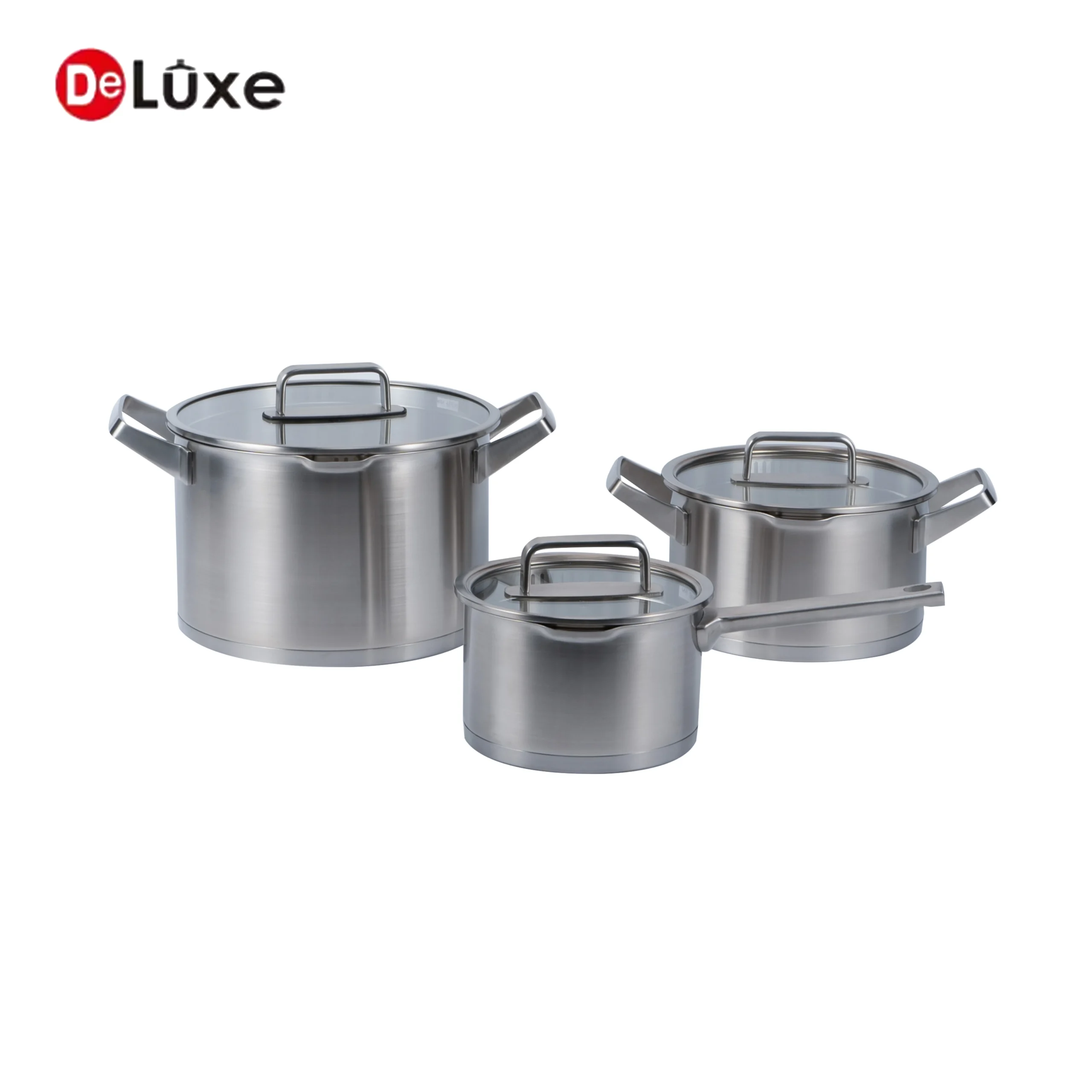 Complete 6-Piece Stainless Steel Stock Pot Set with dual side pouring spouts, spot welded cast steel handles and stainless rim combination glass lids, includes single saucepan, medium & large double-handle stock pots