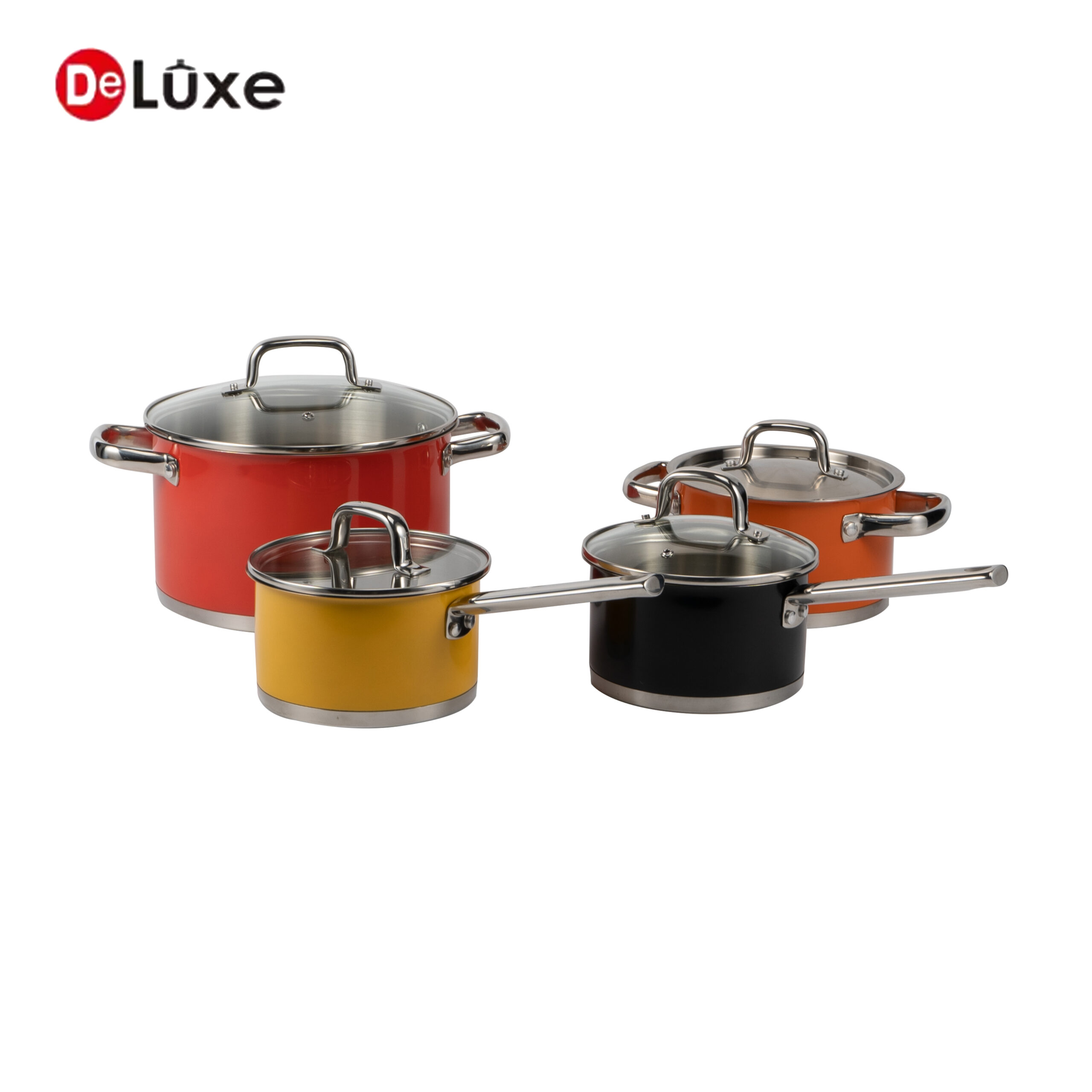 Complete 8 piece colorful coated stainless steel straight cookware set, 4 pots with lids, multi-color exterior and cast steel handles