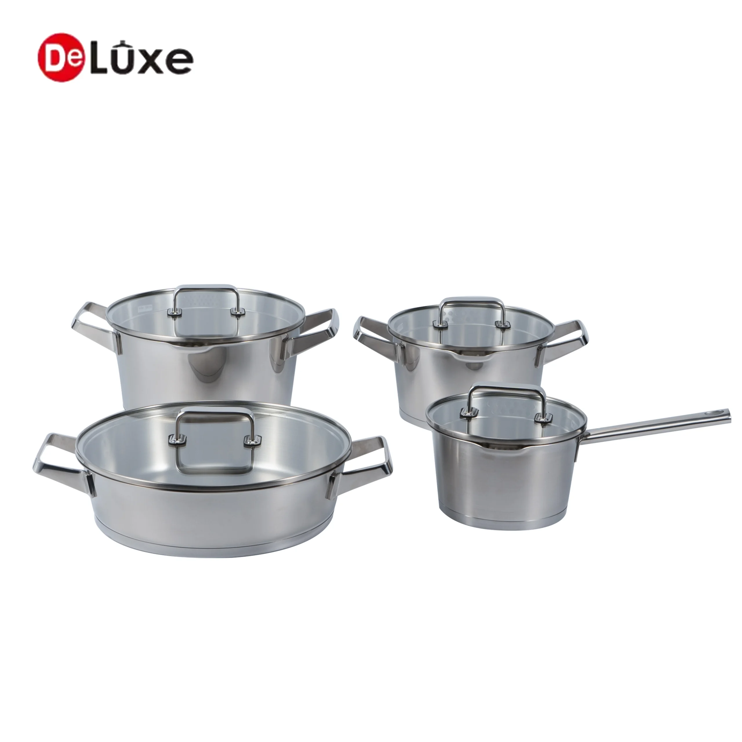 Complete 8-Piece Slightly Tilted Stainless Steel Cookware Set, 4 tilted pots with solid cast steel handles and matching tempered glass lids, includes saucepan and stock pots