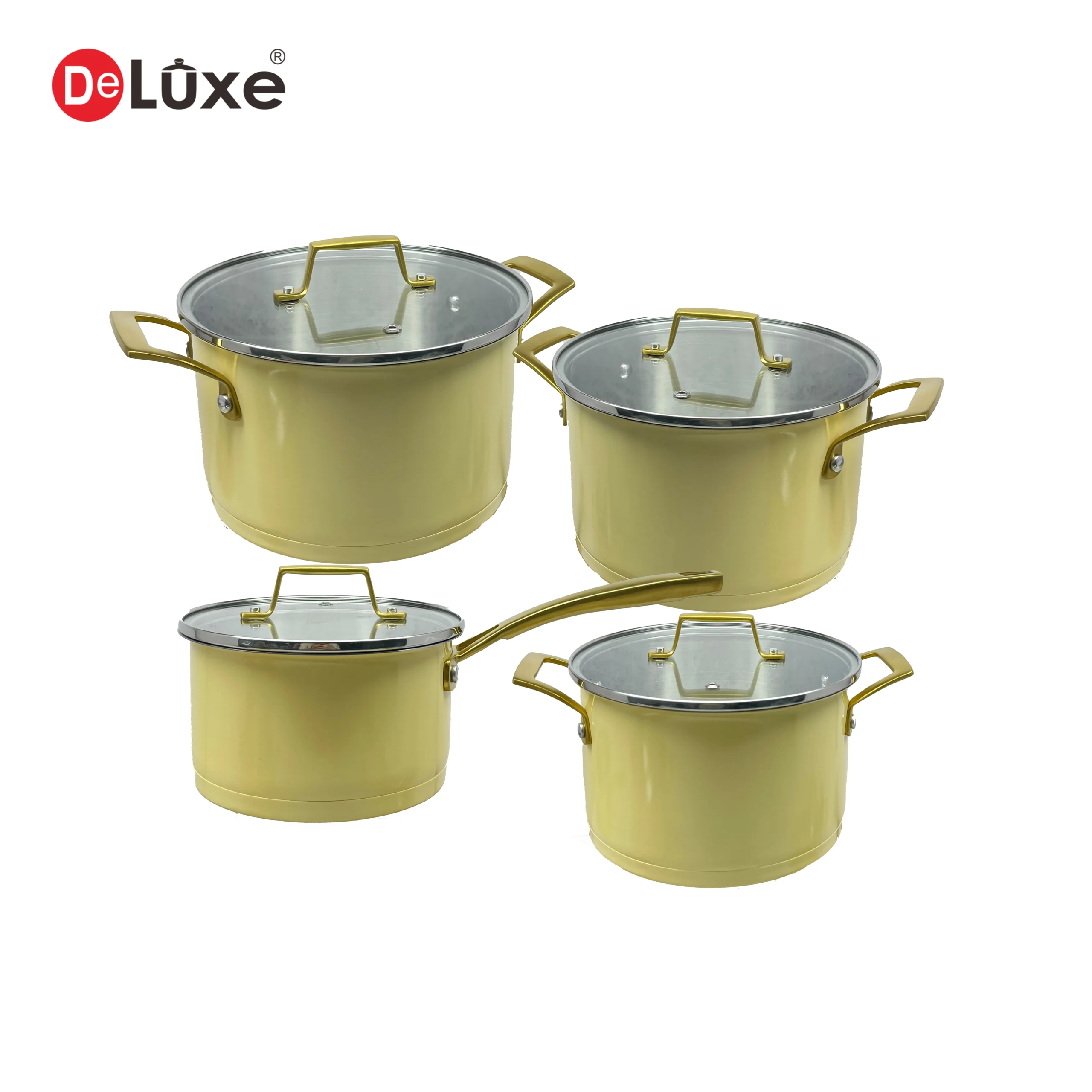 Complete 8-piece yellow ceramic coated composite stainless steel stock pot set, includes 1 single-handle saucepan + 3 sizes double-handle stock pots with gold PVD riveted handles and supporting glass lids, compatible with gas & induction cooktops