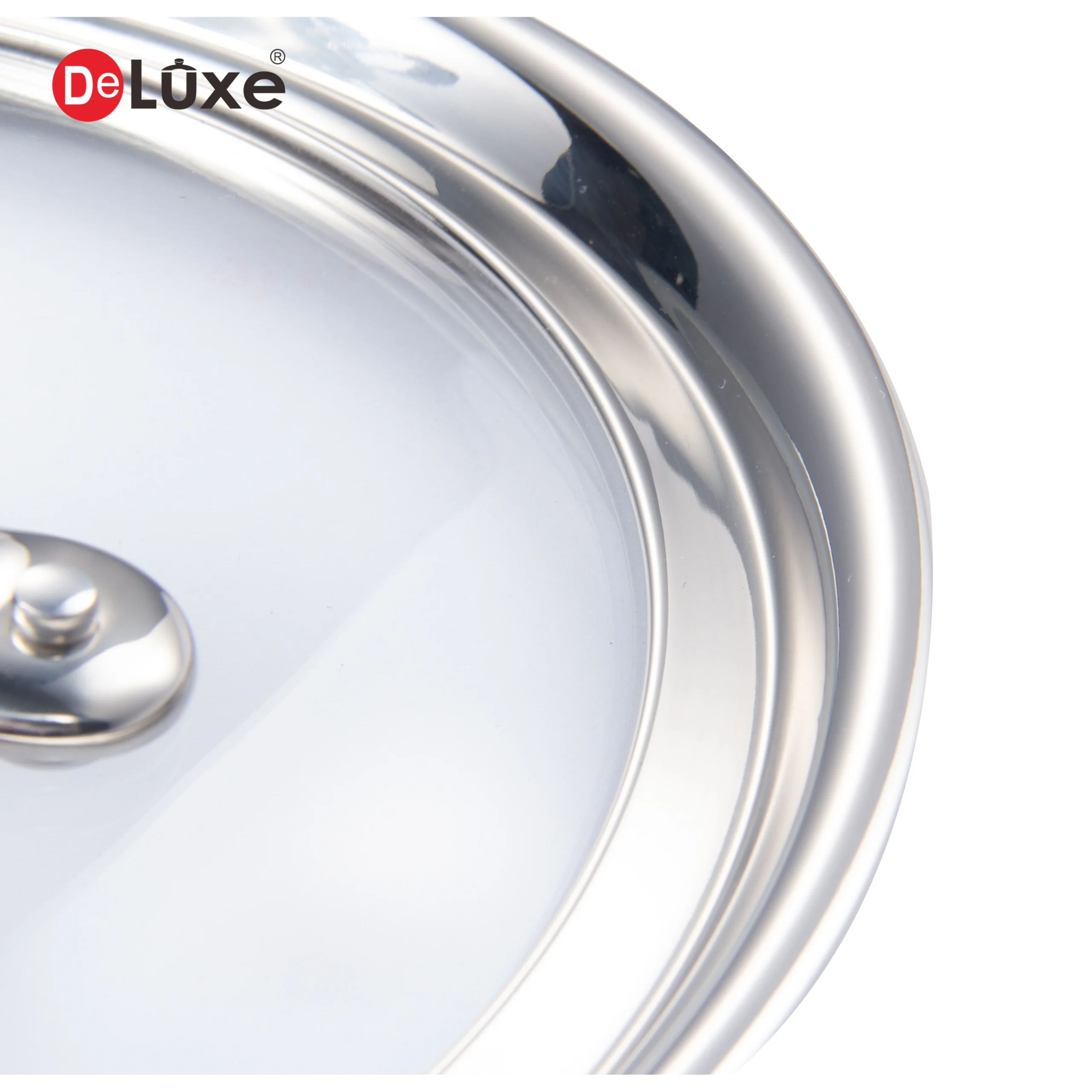 Close-up of tempered glass lid for belly shape stainless cookware set