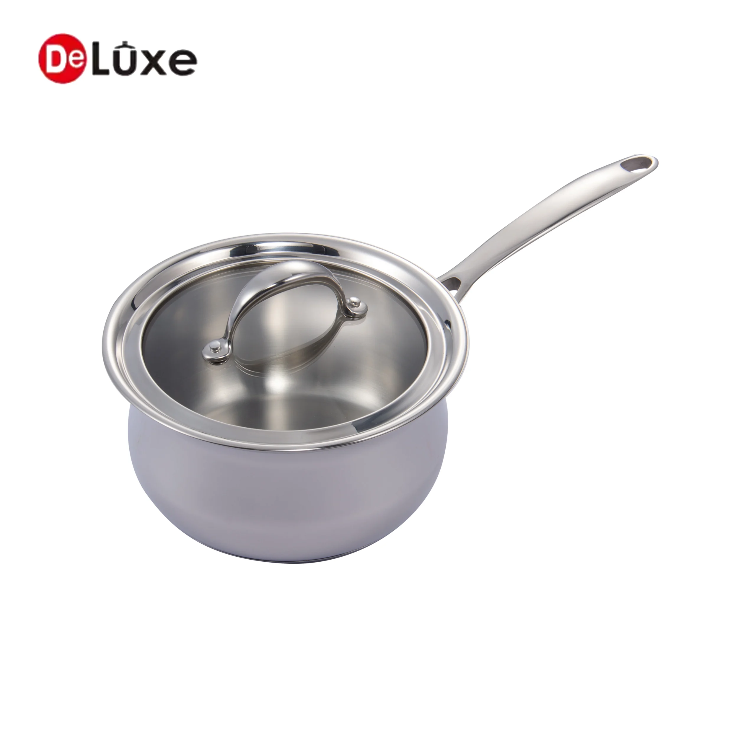 Open belly shape stainless steel single handle saucepan with matching stainless lid inside
