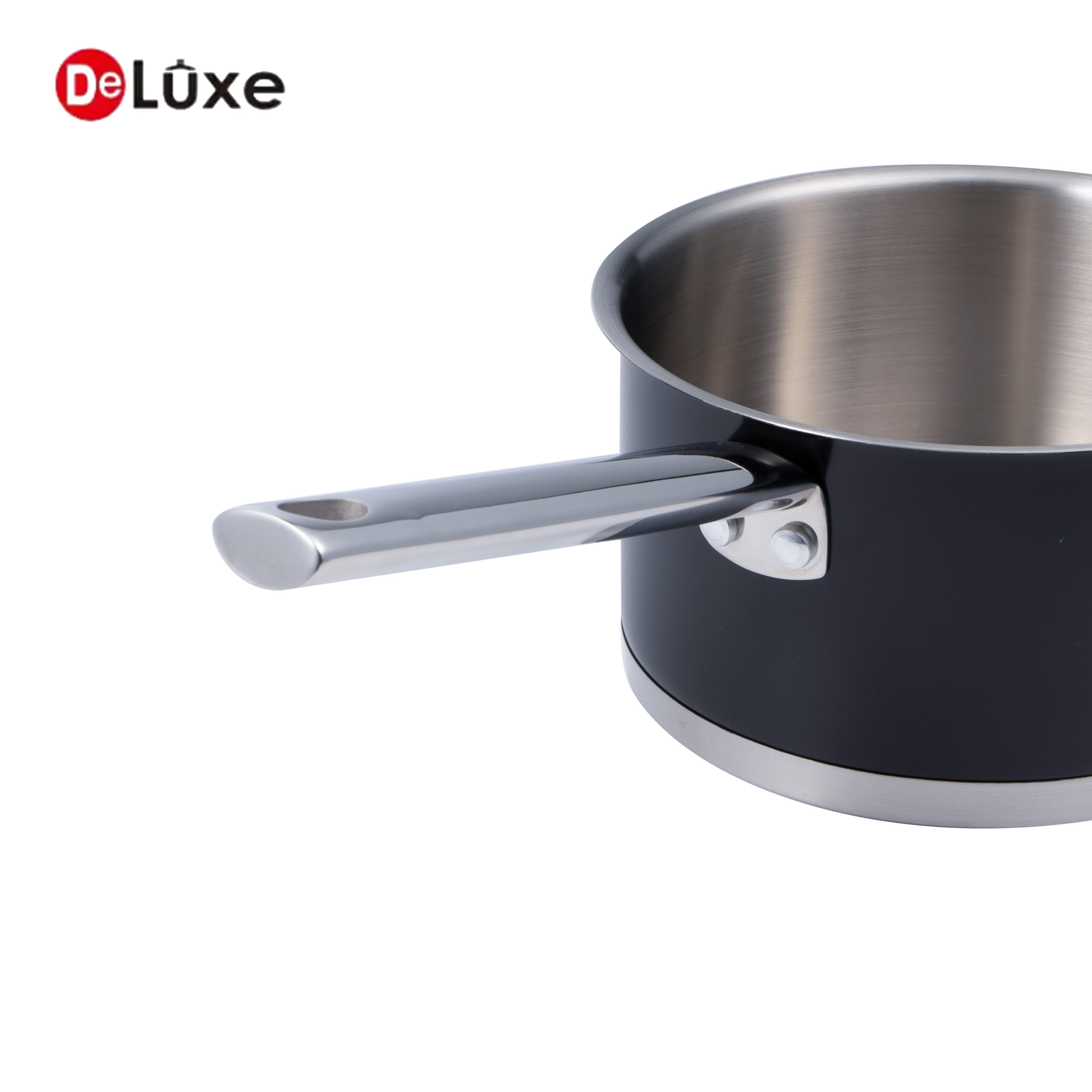 Detail shot of cast steel long handle on matte black coated stainless steel saucepan