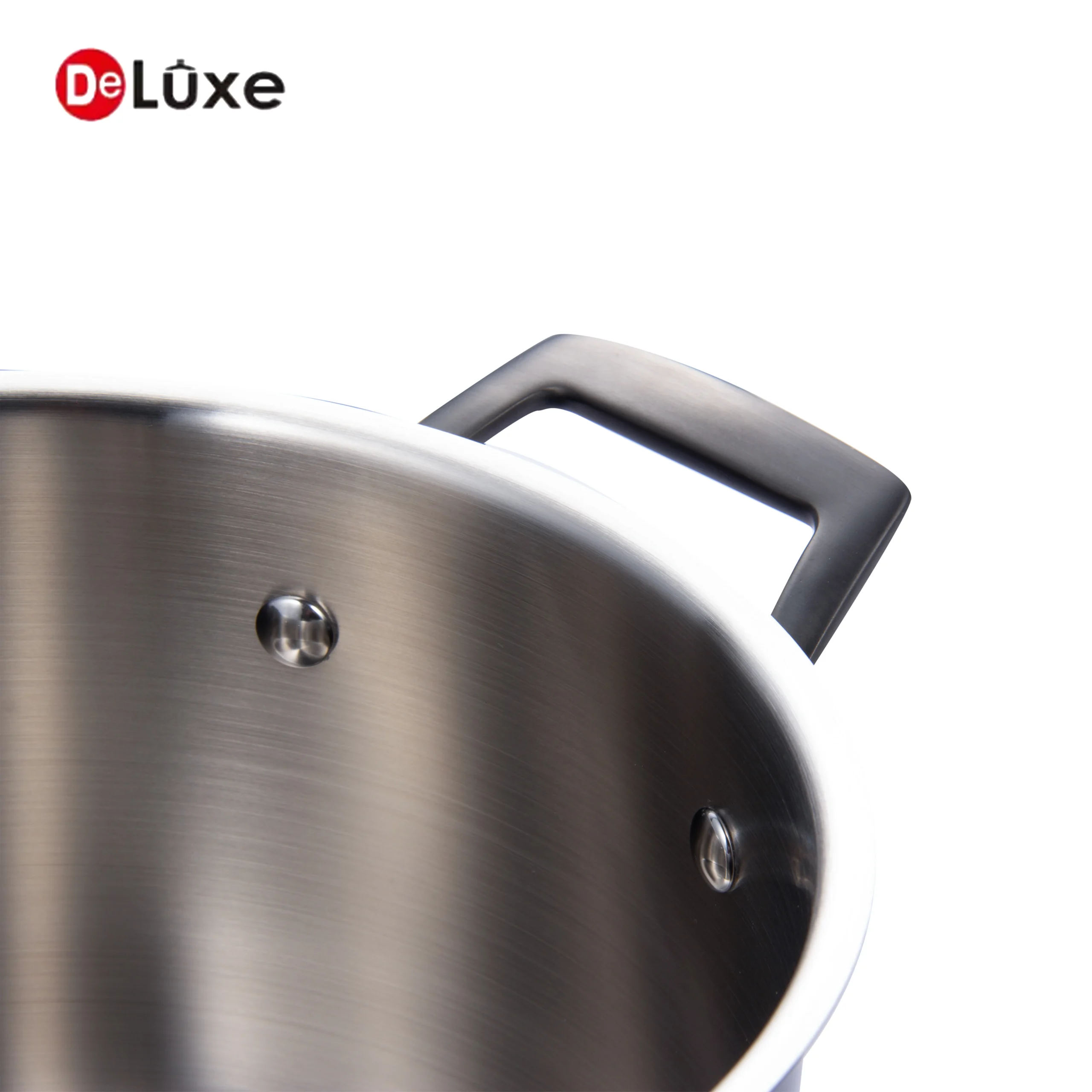 Close-up of sturdy black PVD double handle and rivet joint on black straight stock pot
