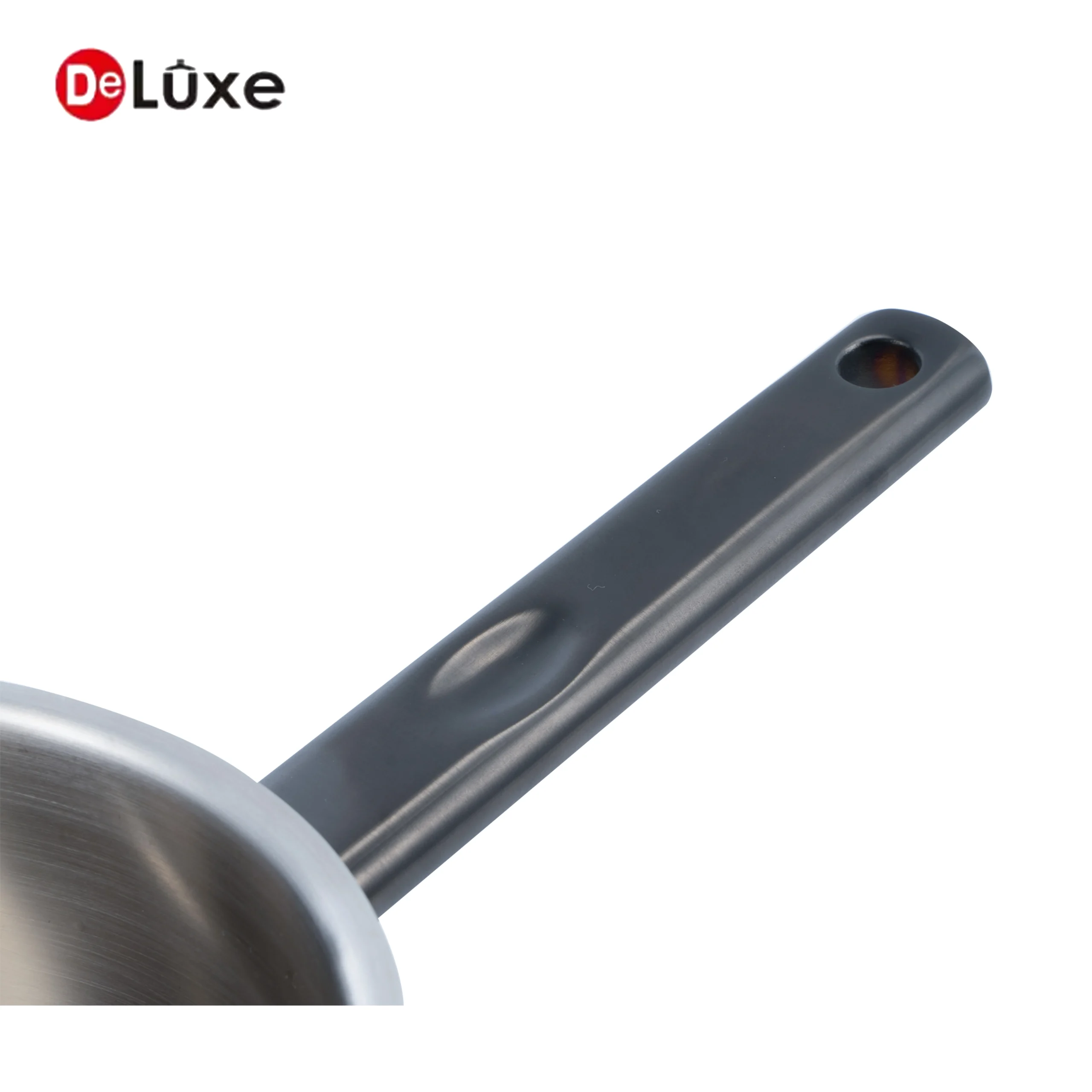 Close-up of scratch-resistant full black sandblasted PVD single handle and smooth stainless interior of straight saucepan