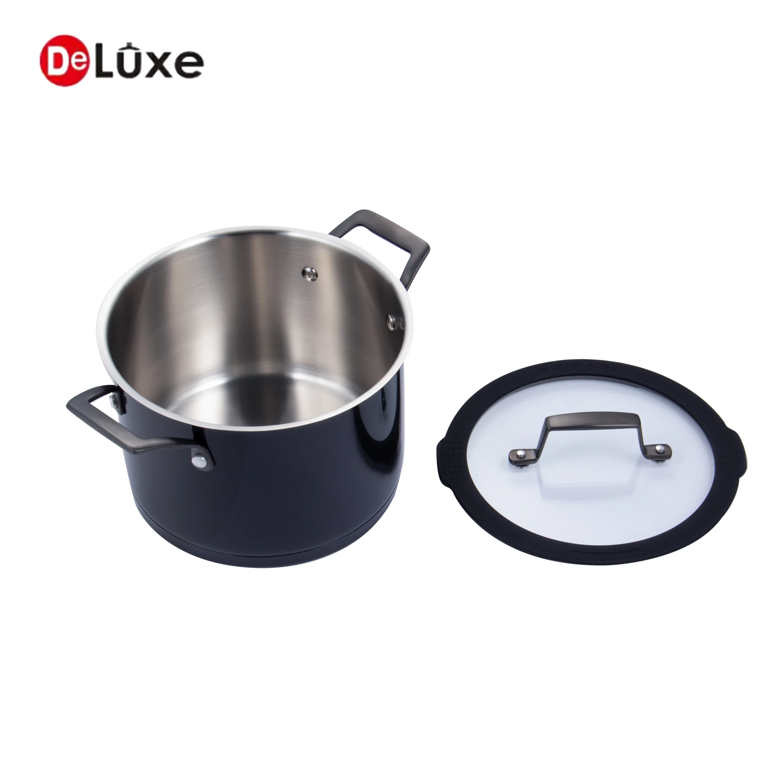 Black straight double-handle stock pot with separated silicone rim tempered glass lid