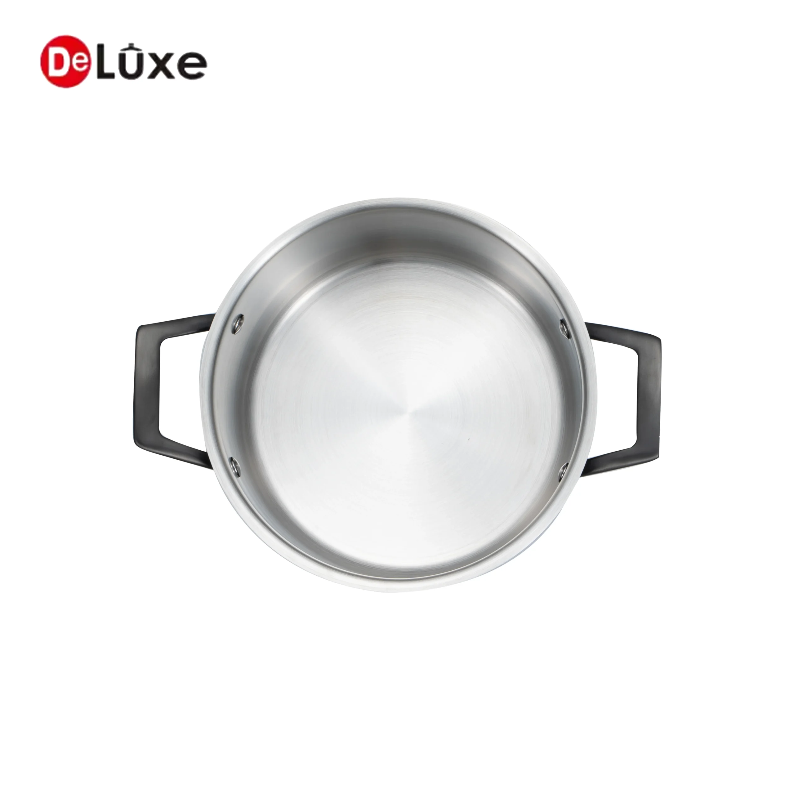 Top view of empty black straight stock pot with double black PVD handles, clean stainless cooking surface