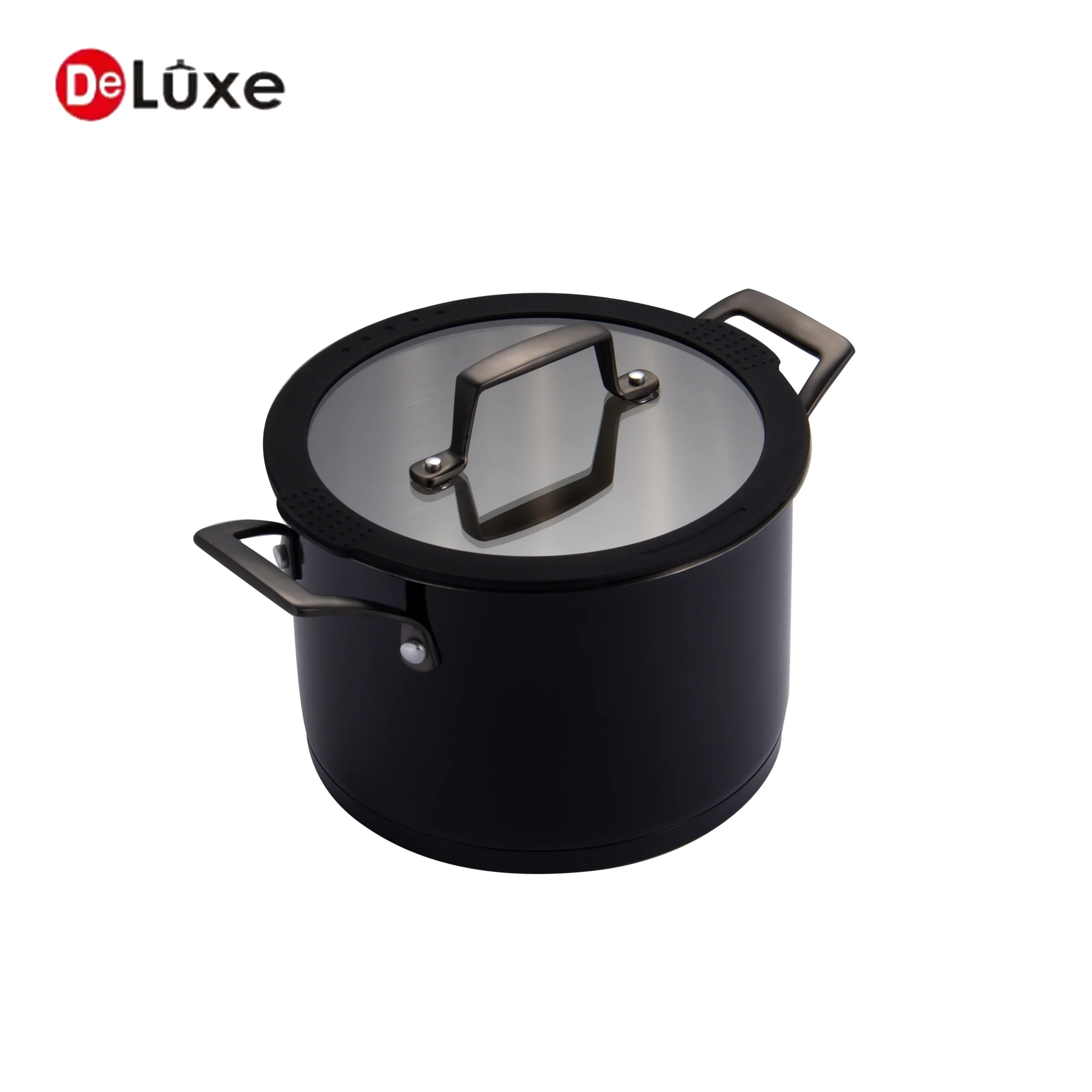 Black straight stock pot with black PVD double handles and silicone rim sealed glass lid
