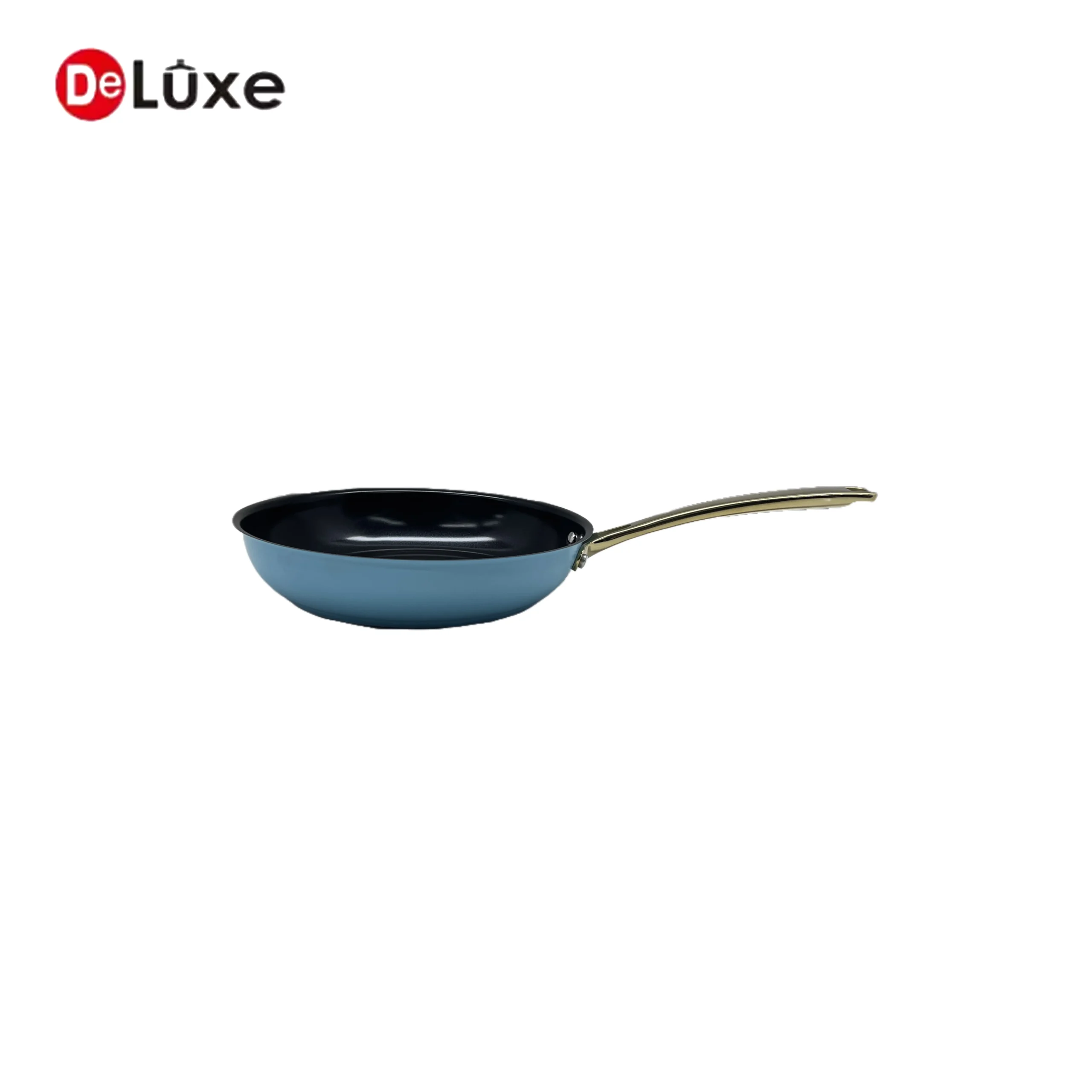 304 stainless steel sloped high-sided frying pan, blue exterior paint, non-stick interior, hollow cast steel single handle