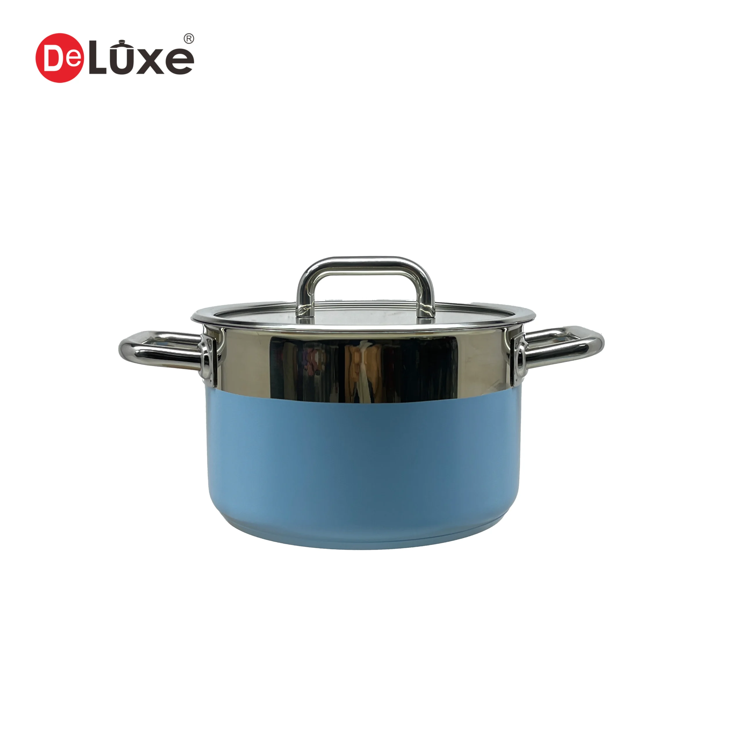 Ocean style blue mirror finish 304 stainless steel double handle stock pot with tempered glass lid and 304 steel rim