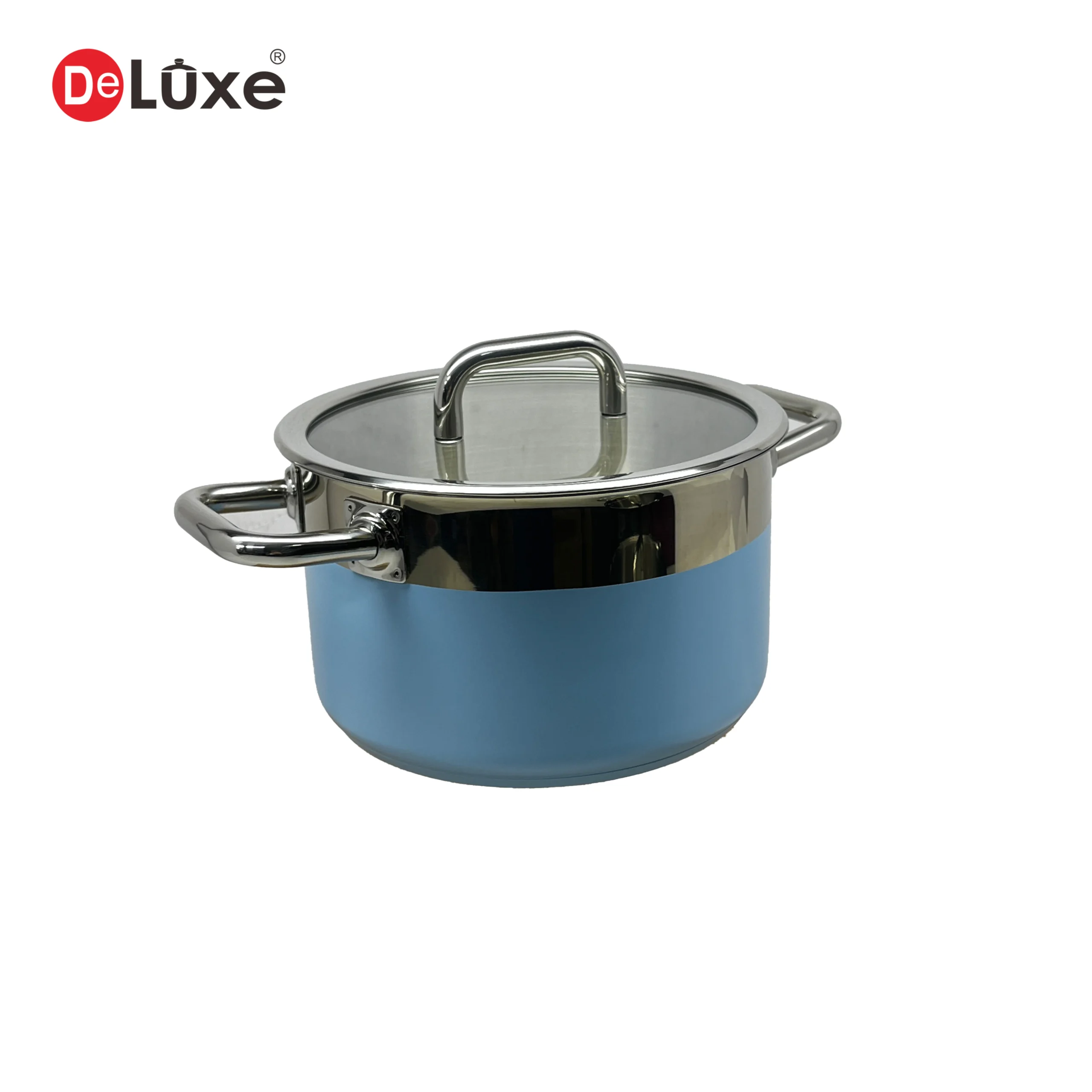 Blue mirror polished stainless steel double handle stock pot, riveted 304 solid handles