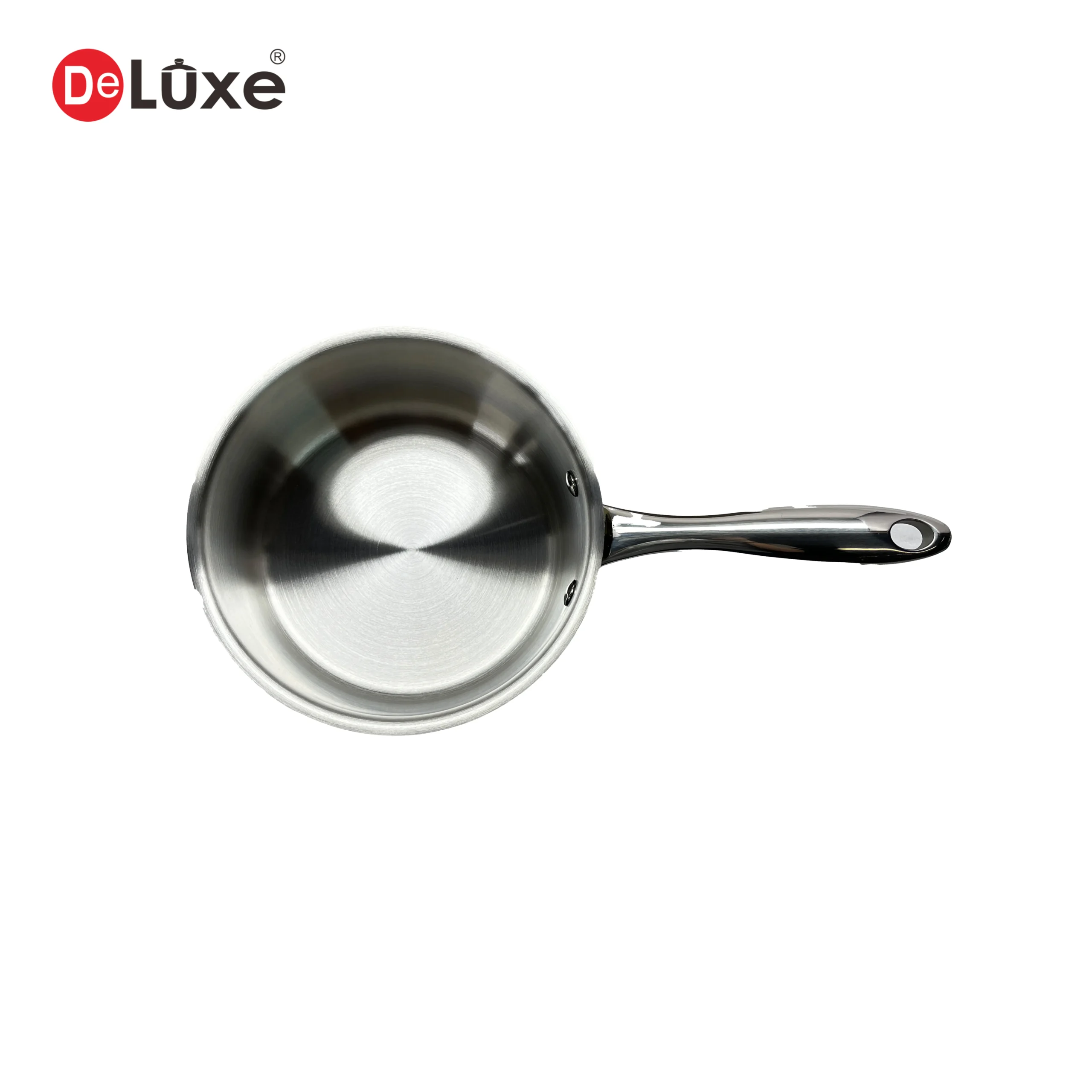 Top-down inner view of blue mirror stainless steel saucepan, induction compatible composite bottom