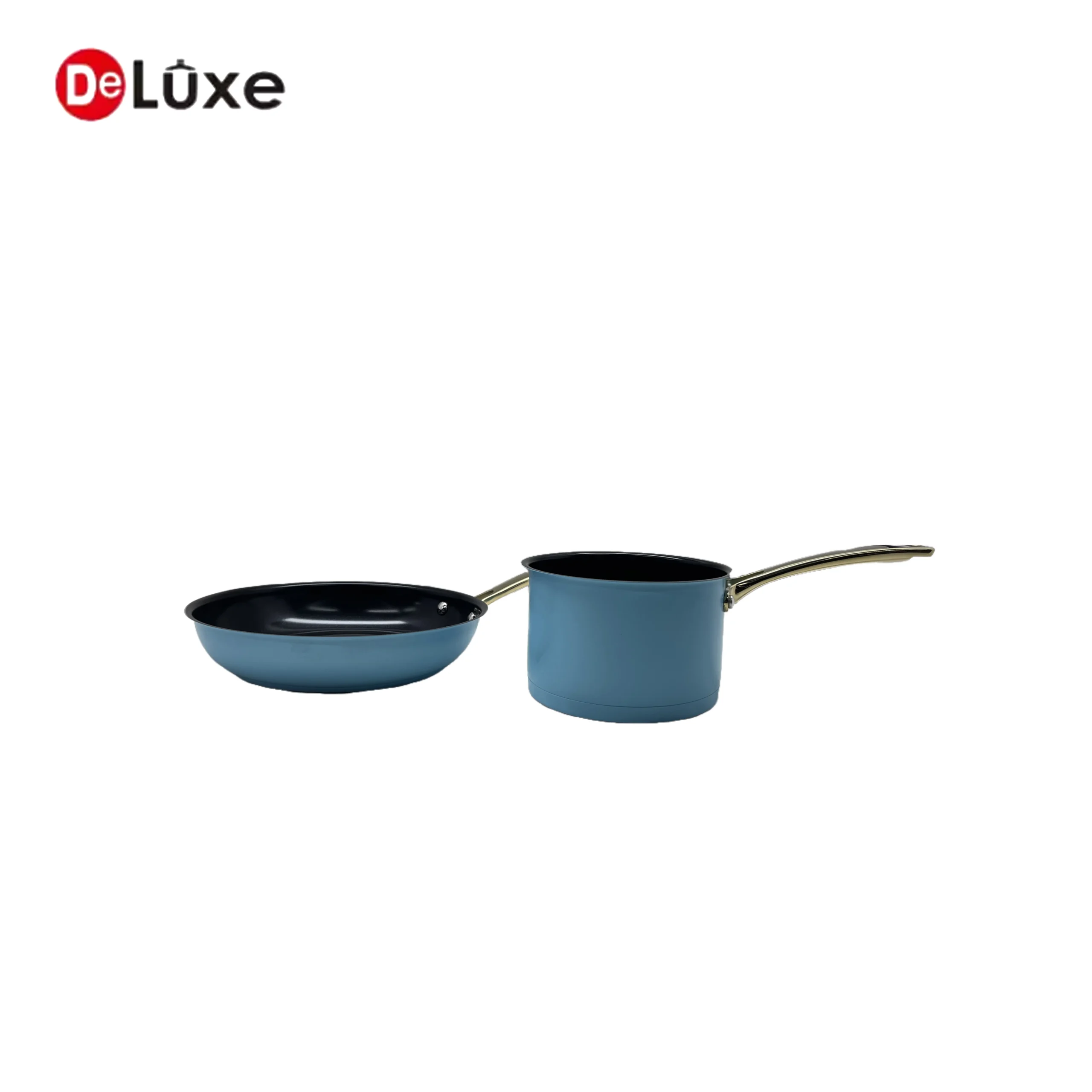 Blue coated non-stick saucepan and sloped frying pan side by side layout, stainless steel cookware combo set
