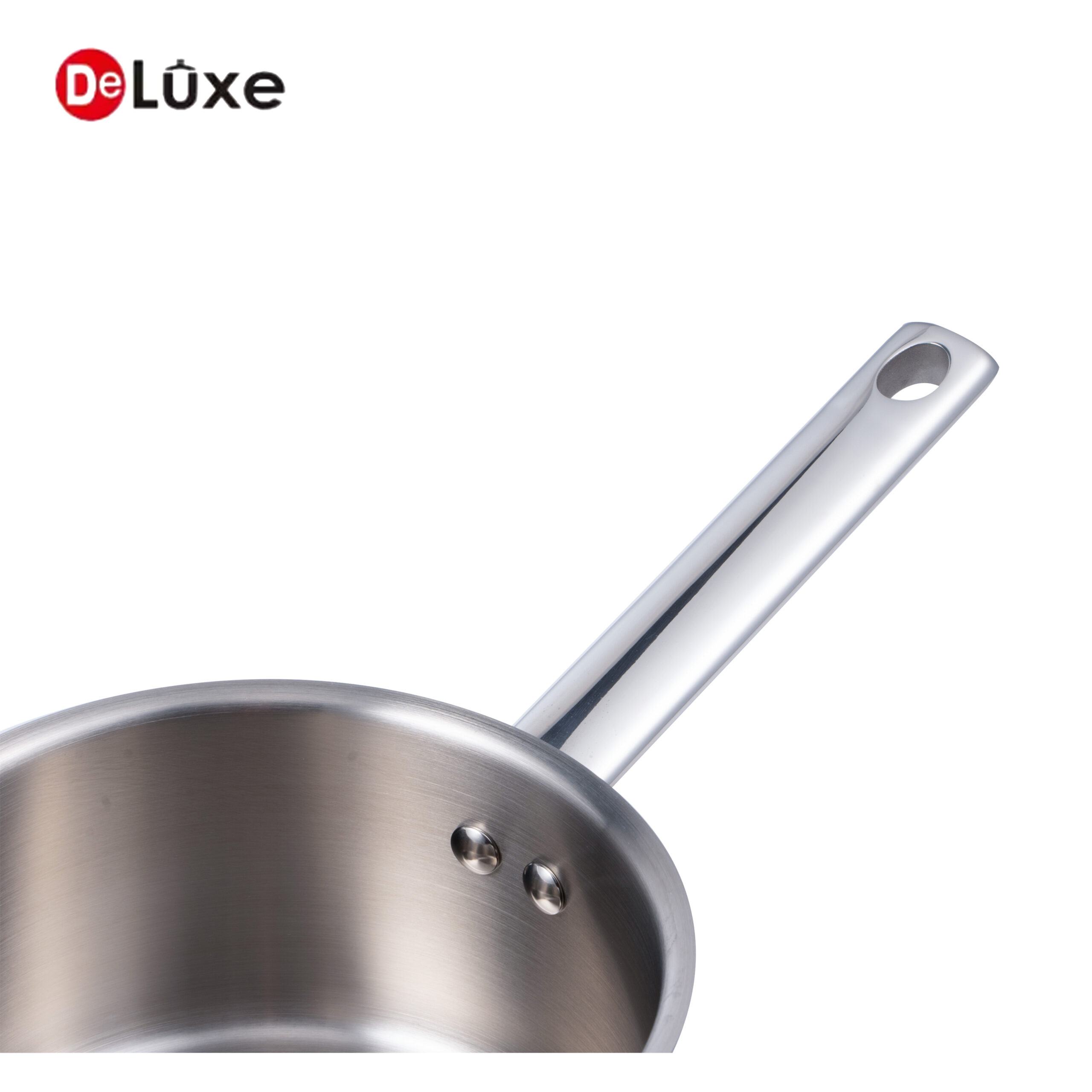 Close-up of solid integrated cast steel single handle and stainless interior of coated saucepan