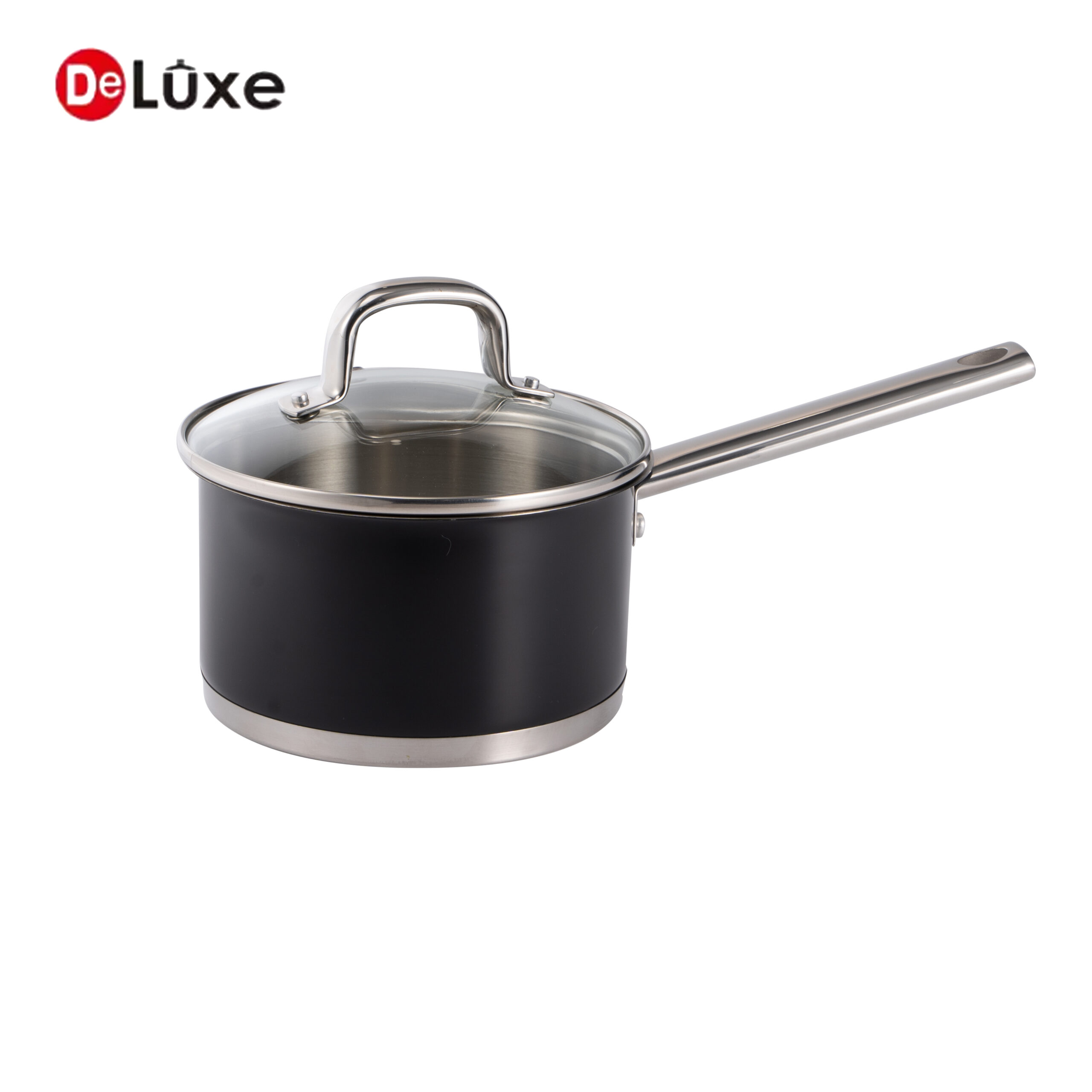 Matte black coated stainless steel straight saucepan with single cast steel handle and glass lid