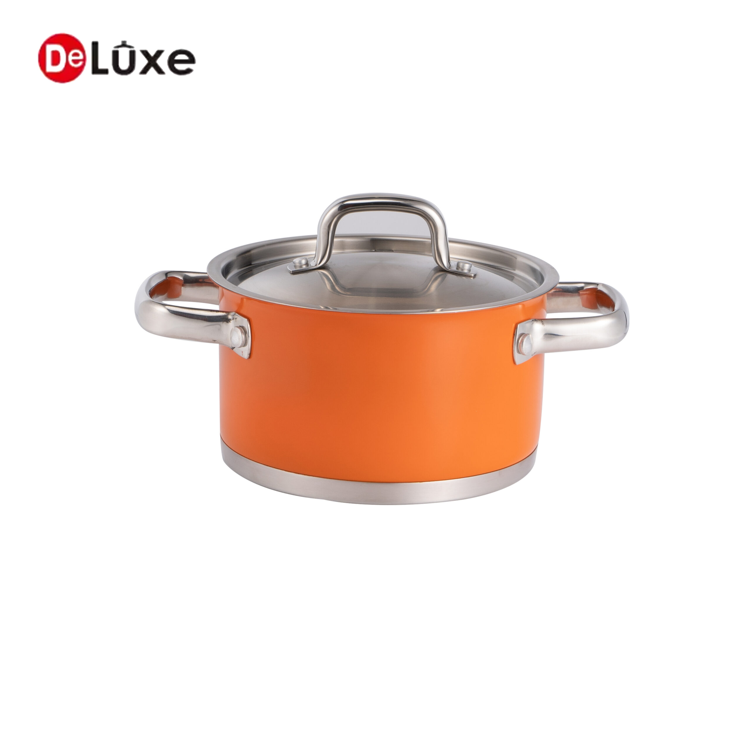 Color coated orange stainless steel straight stock pot with double cast steel handles & stainless steel lid