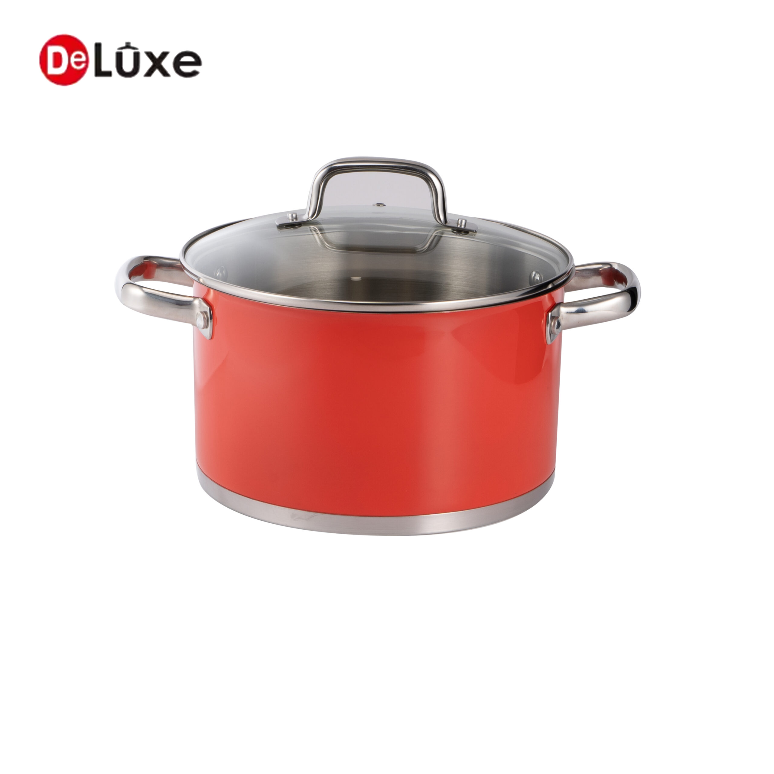 Vibrant red coated stainless steel deep stock pot with double cast steel handles and matching glass lid