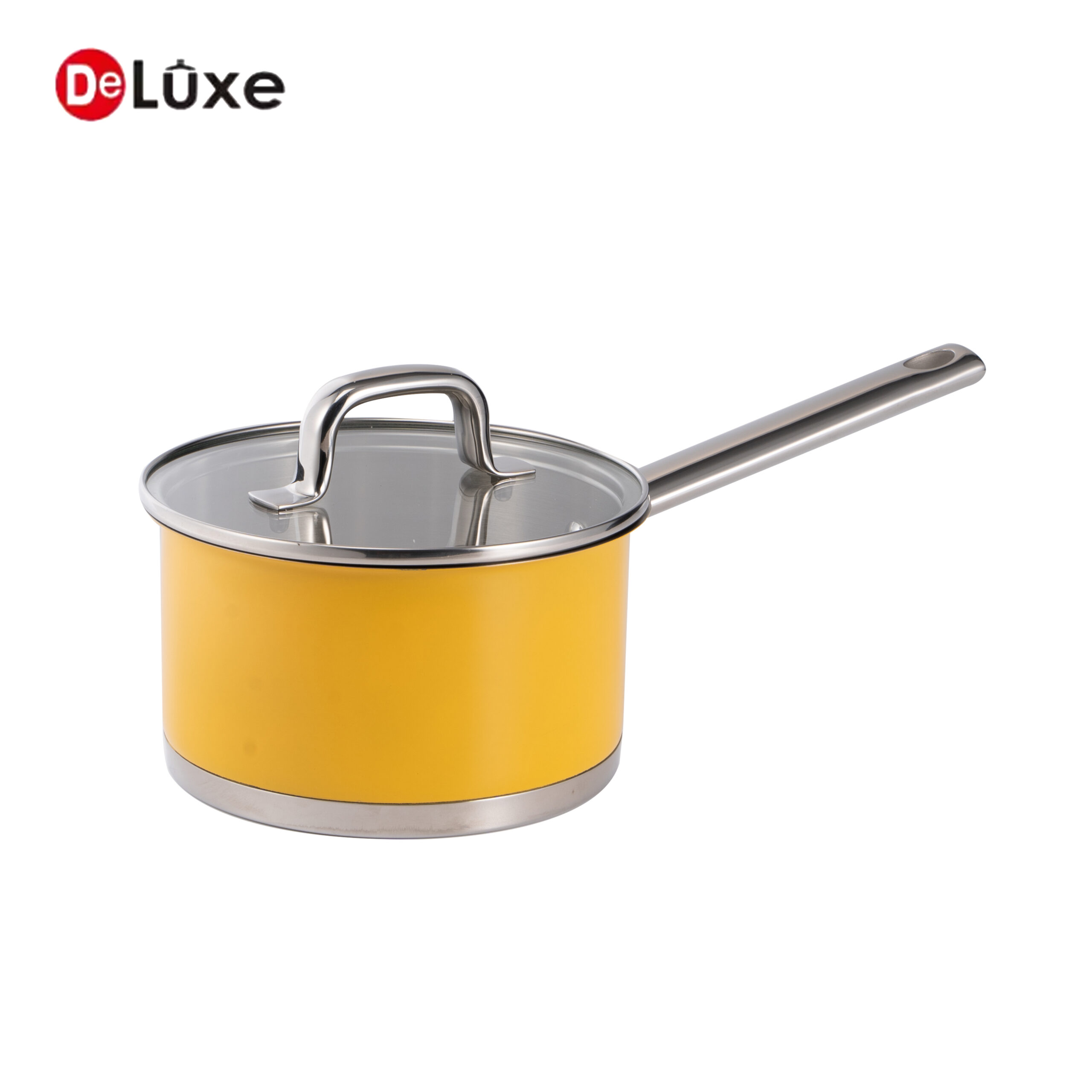 Bright yellow coated stainless steel single handle saucepan with solid cast steel handle & tempered glass lid
