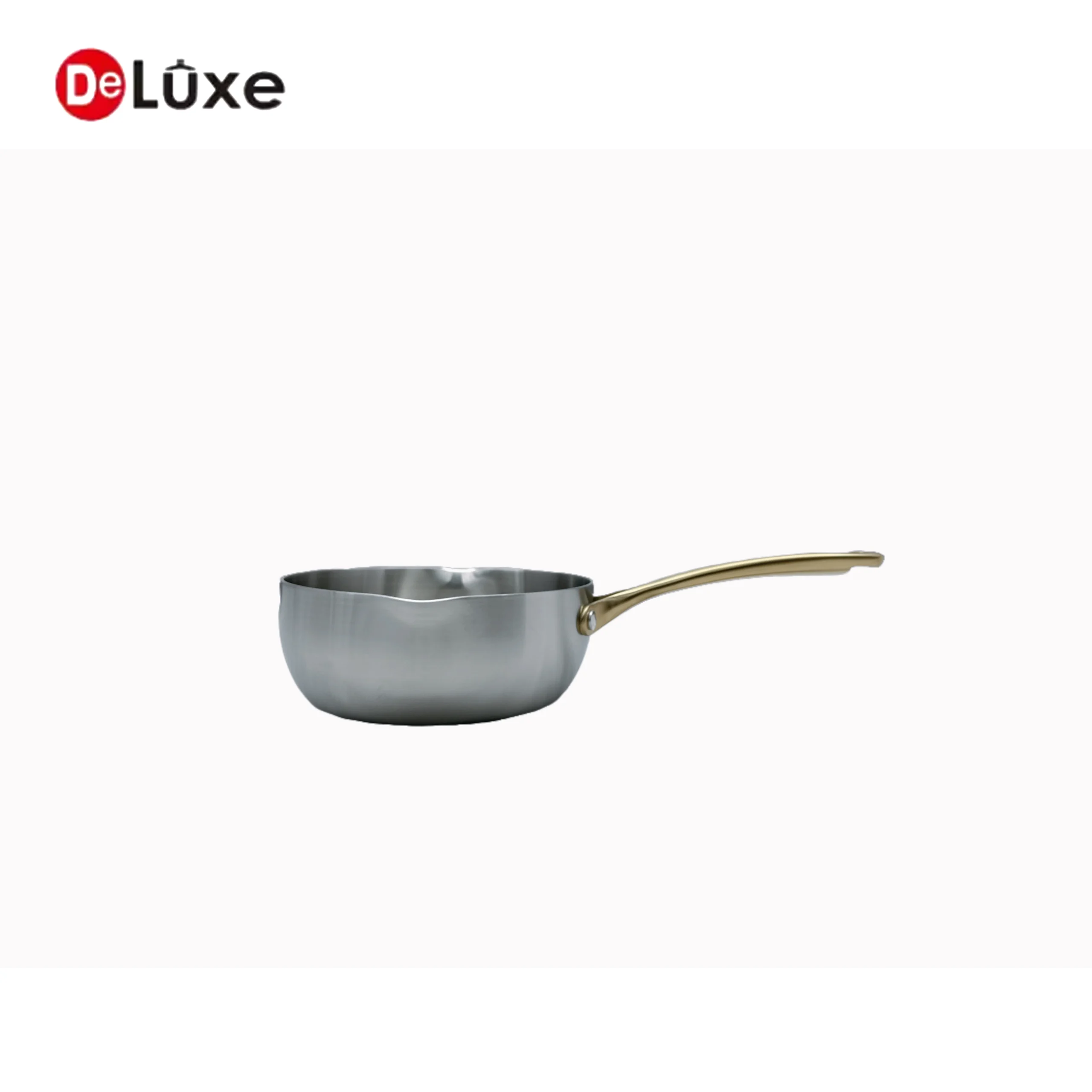 3-layer composite stainless steel sloped high-sided frying pan, bare stainless interior, champagne gold hollow cast steel handle