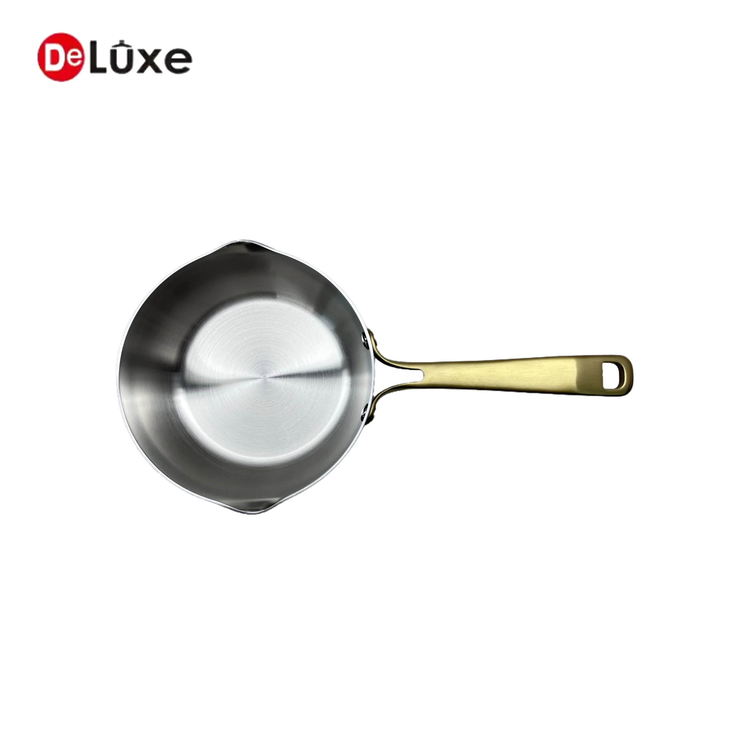 Top-down view of composite stainless steel frying pan with pouring spout, polished stainless interior, champagne gold hollow cast steel handle
