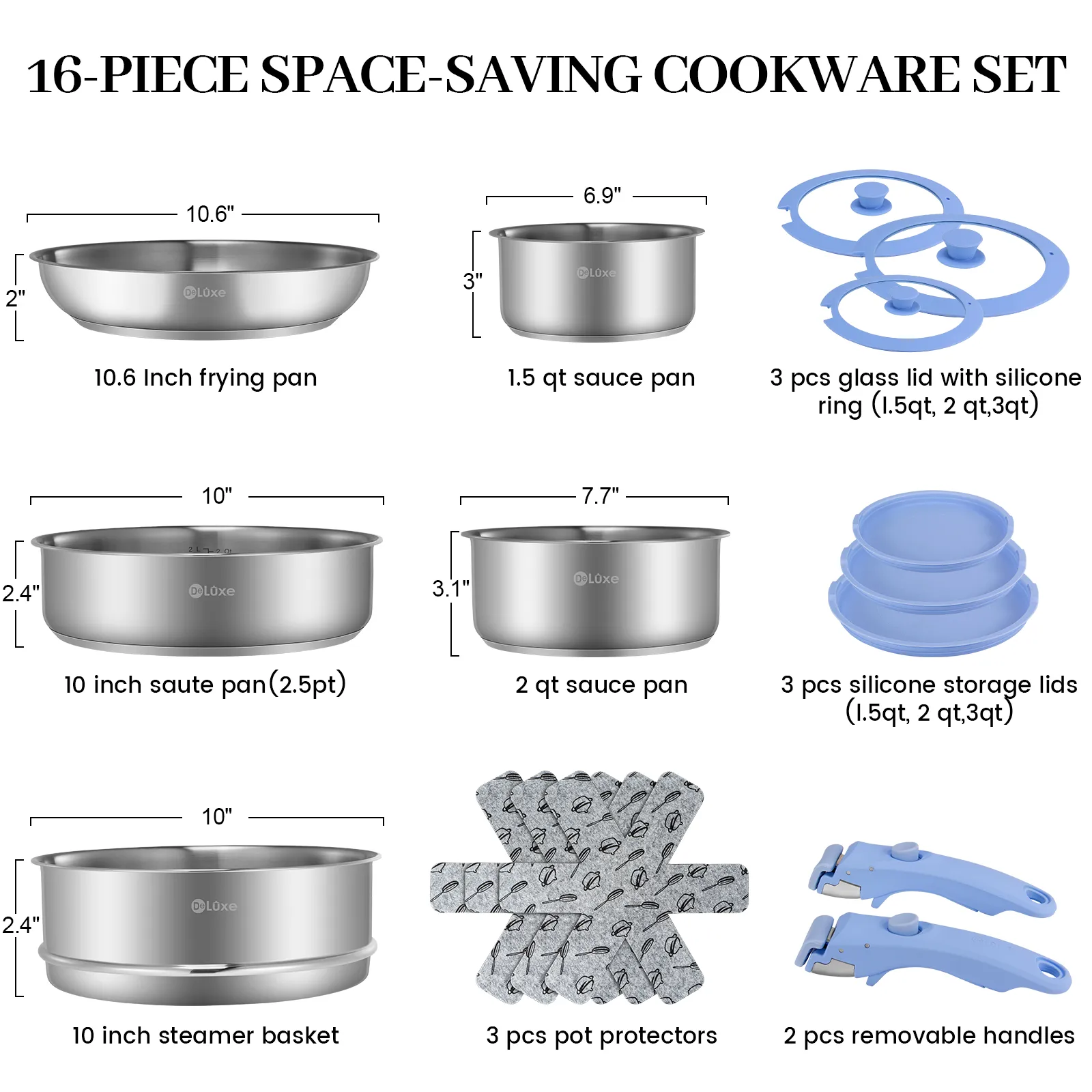 DeLuxe 16 Pieces Space Saving Detachable Handle Cookware Set full accessories detailed specification diagram