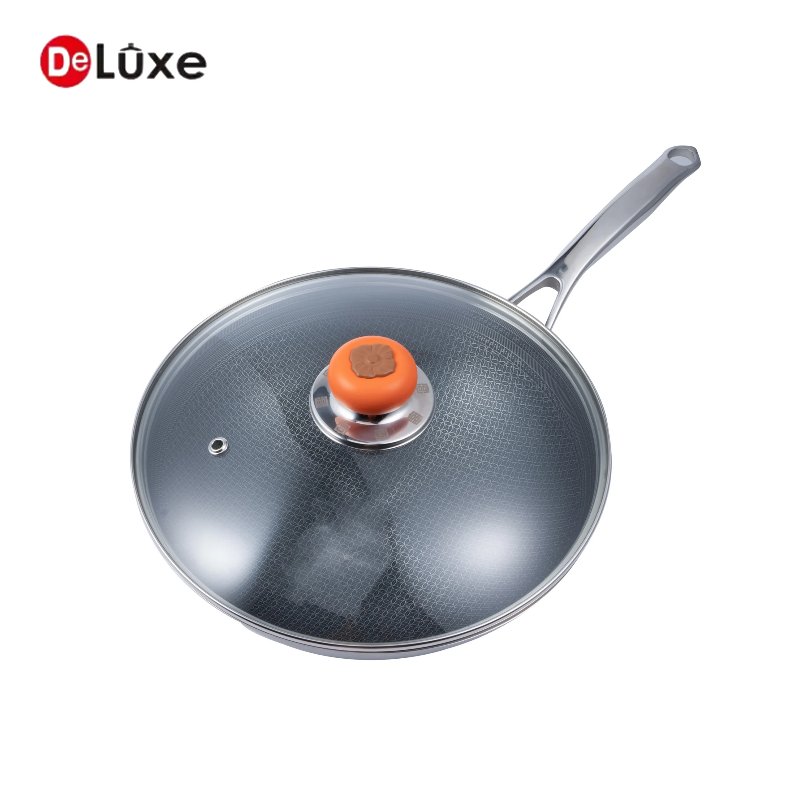 Deluxe etched honeycomb non stick stainless steel wok with see-through glass lid for home cooking