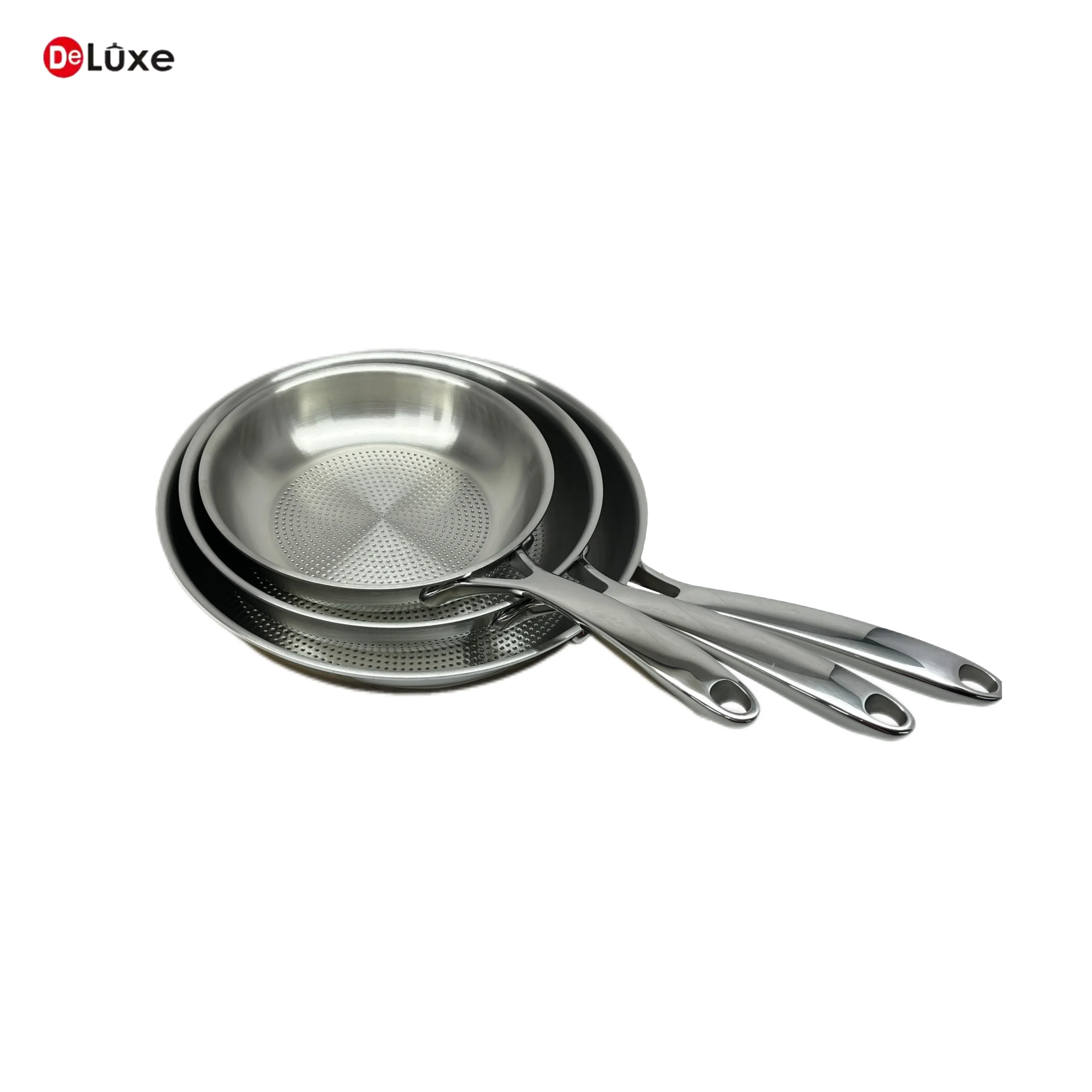 Deluxe 3-layer composite stainless steel fry pan stack set, honeycomb dot interior, hollow cast steel handle