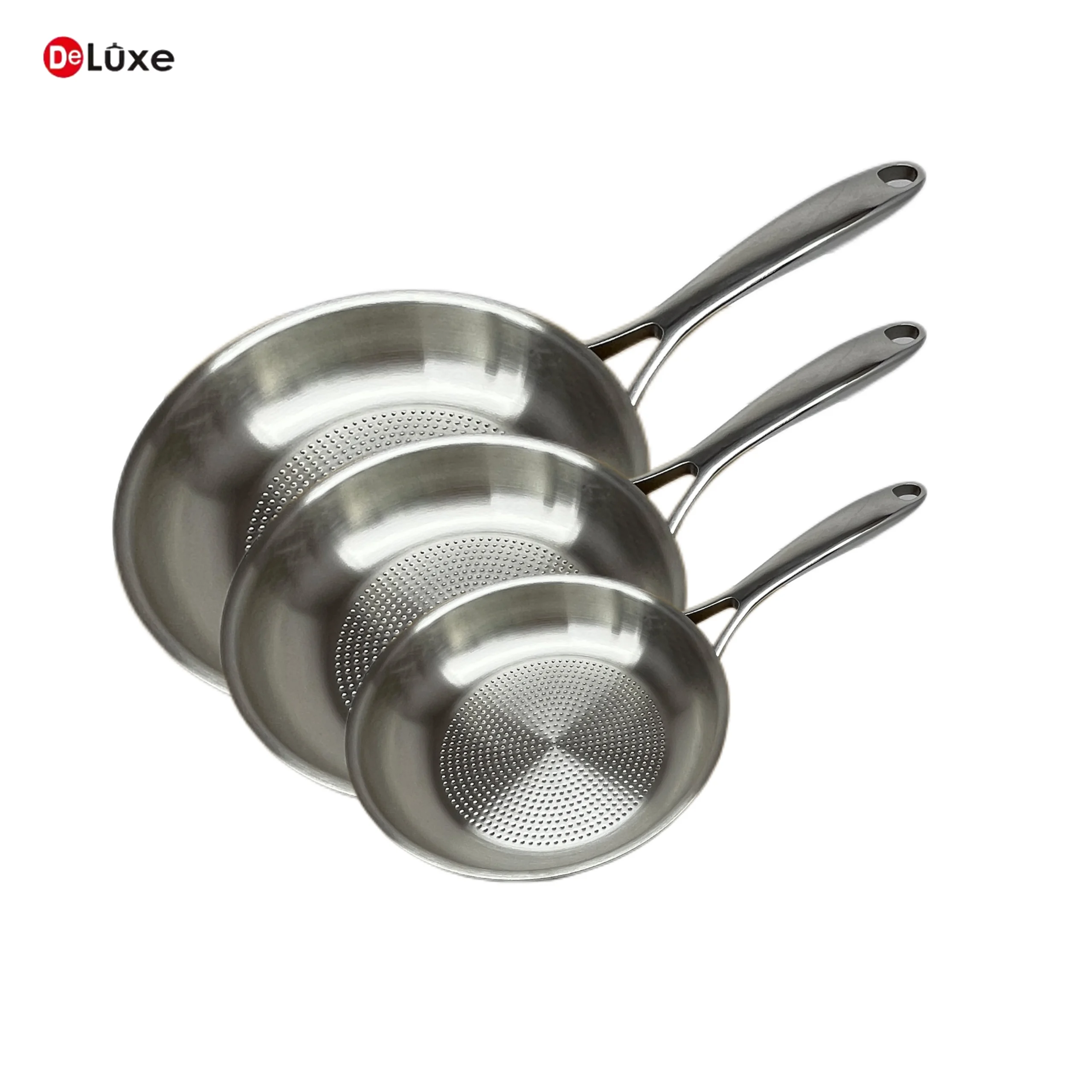 Three sizes Deluxe 3-layer composite frying pan group display, stylish silver cookware