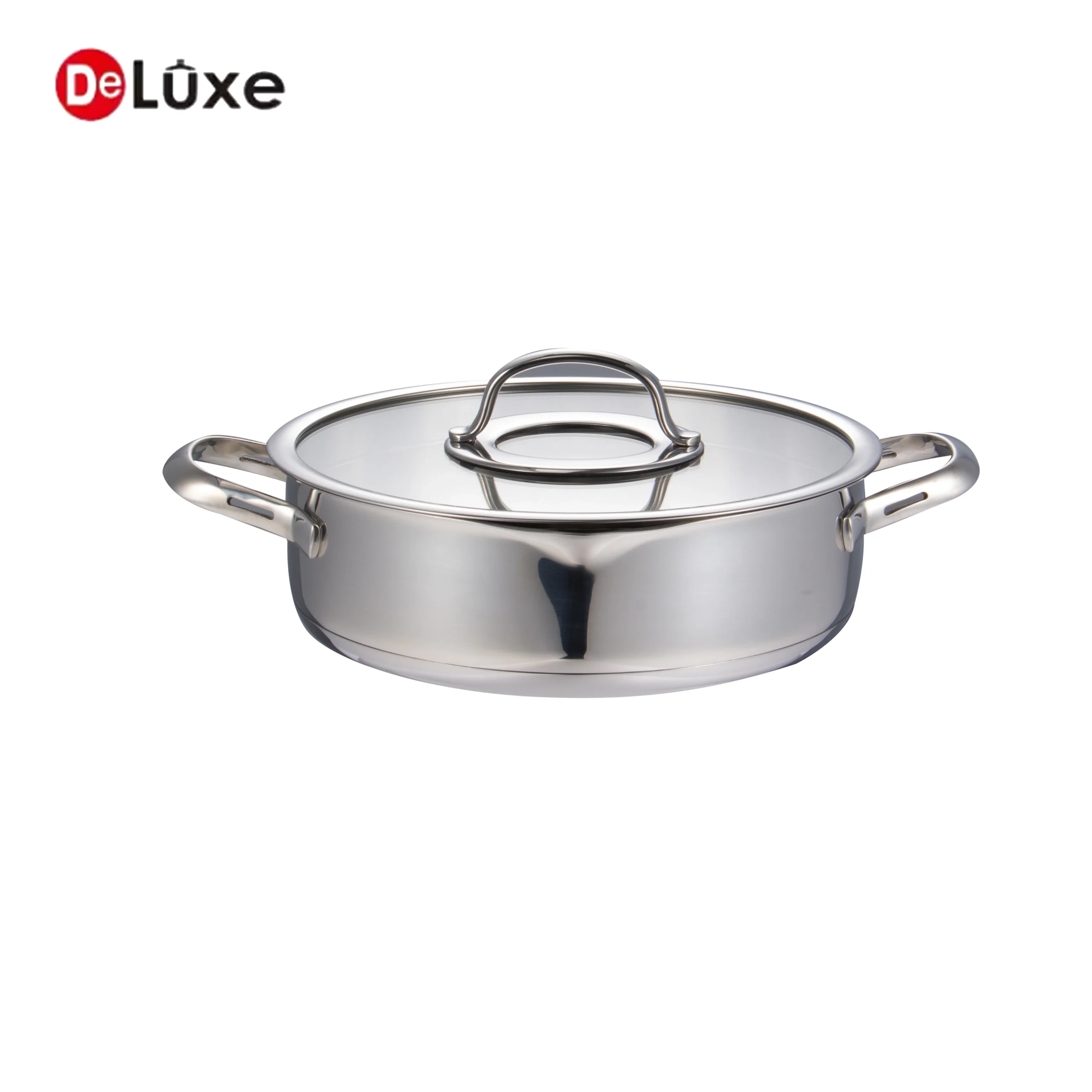 Deluxe 304 stainless steel shallow casserole pot, double handles with tempered glass lid