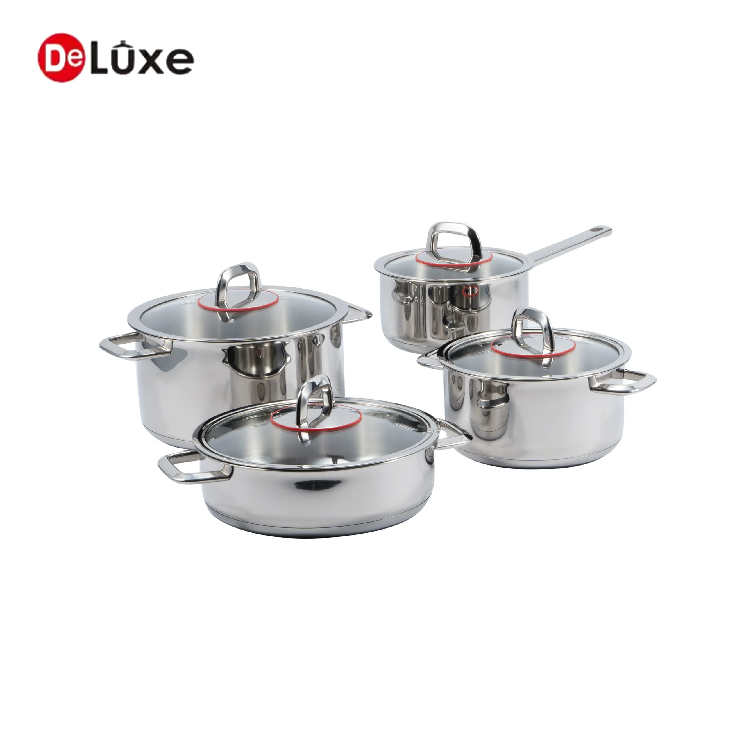 Complete 4 piece stainless steel cookware set with cast steel handles and red silicone seal glass lids