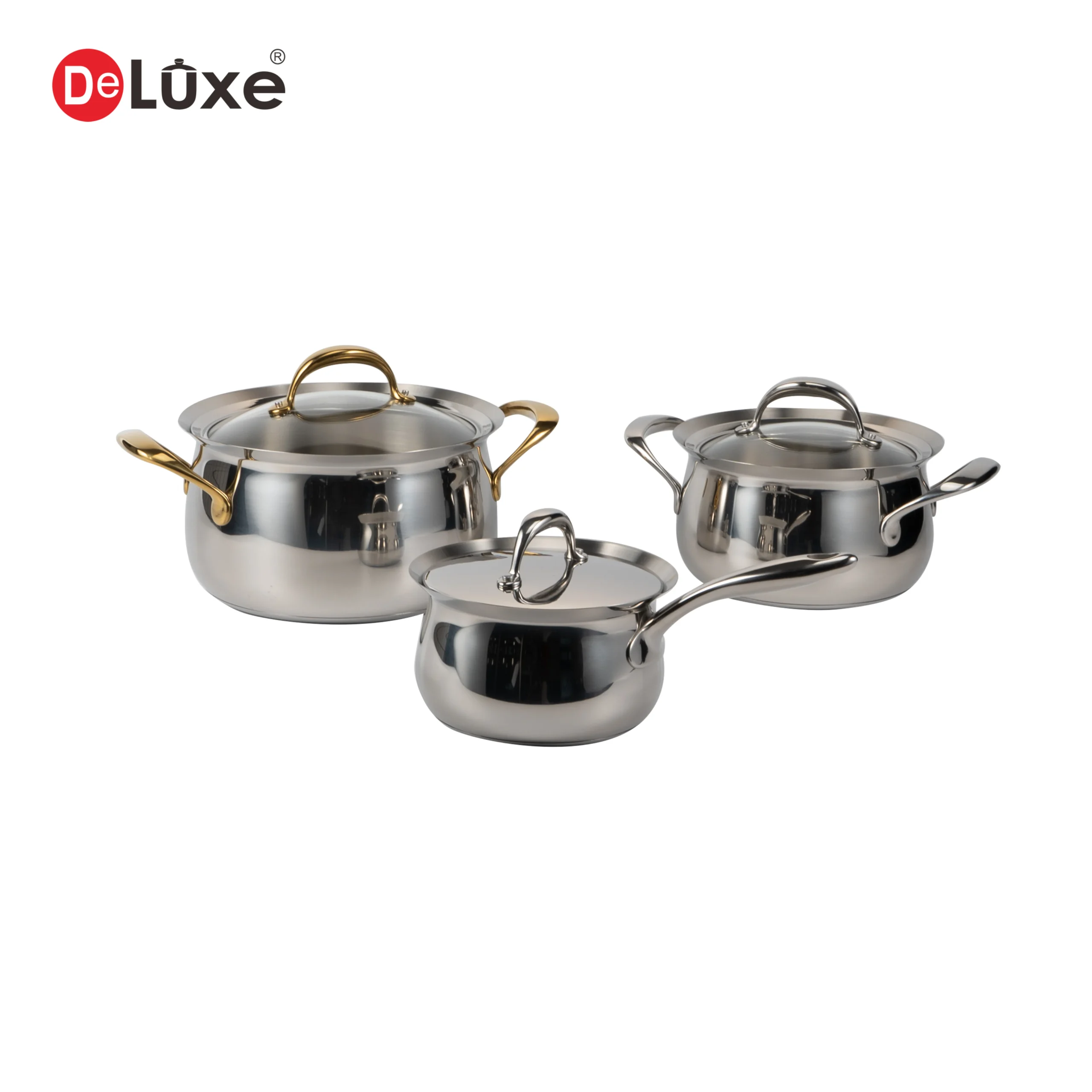 Complete 6-piece belly shaped deep stockpot cookware set with gold and silver cast steel handles, 3 deep pots with matching stainless lids