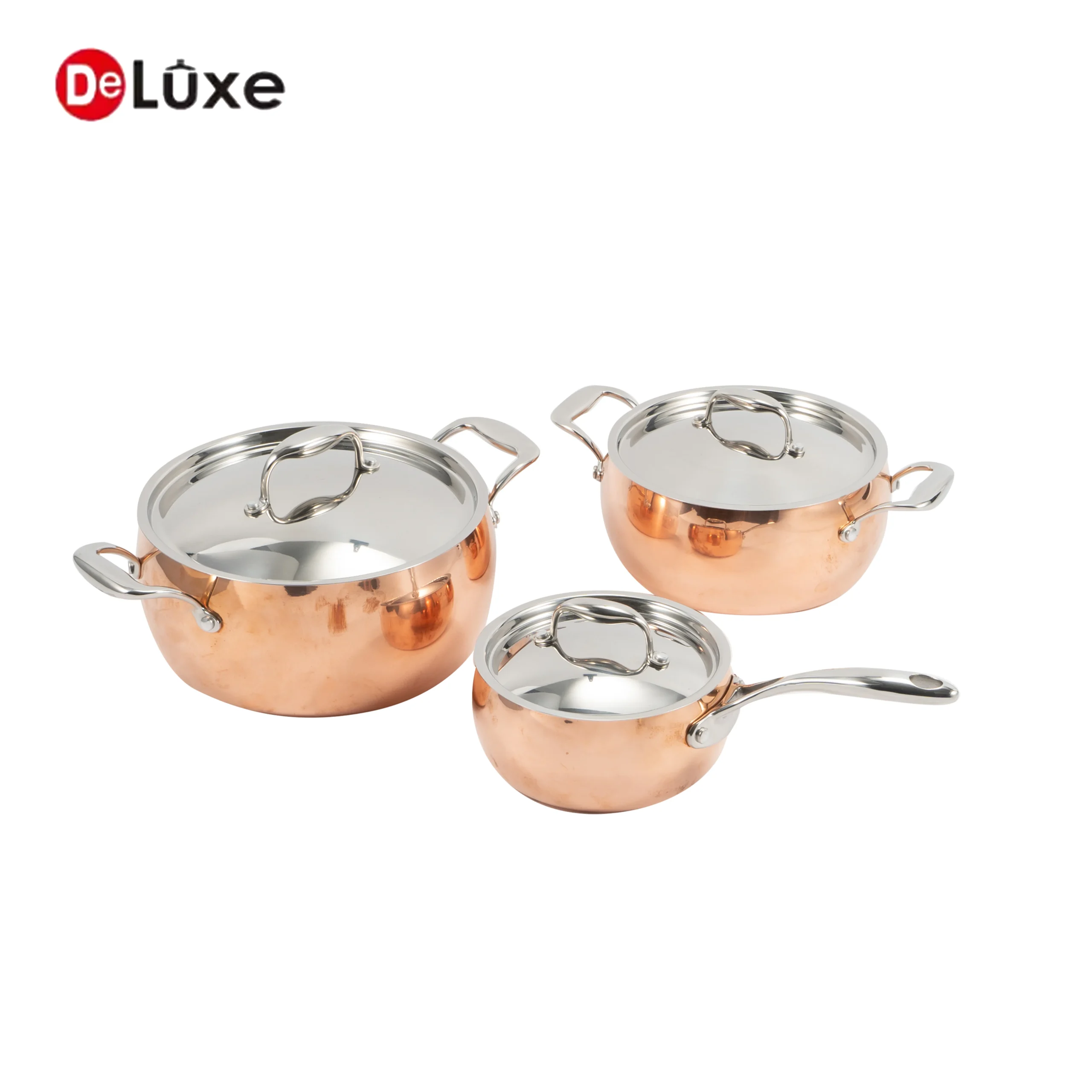Complete 6 piece composite copper apple shape cookware set, includes 3 pots and 3 matching stainless steel lids with solid cast steel handles