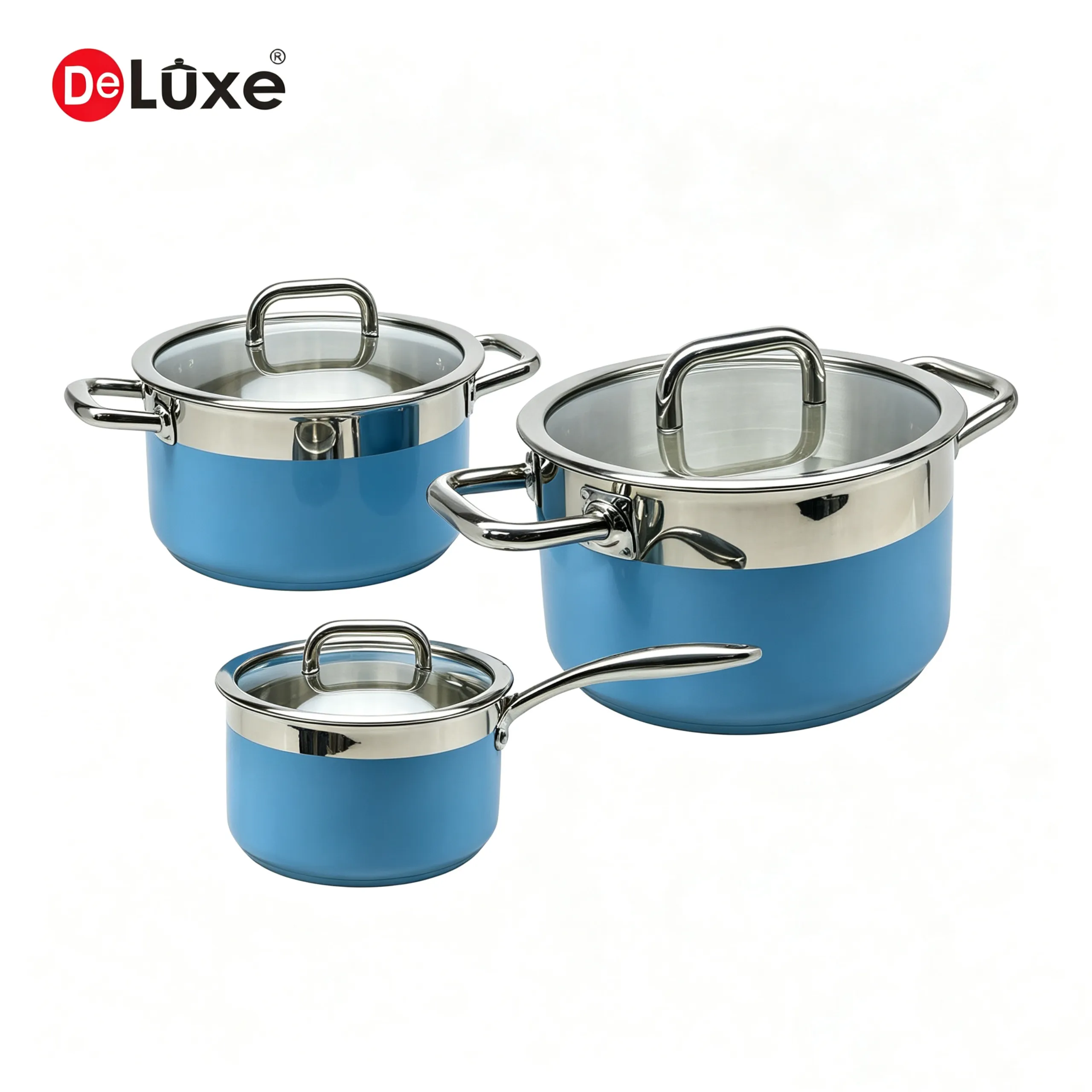 Deluxe 6-Piece blue exterior coated stainless steel cookware set with mirror polished band wholesale