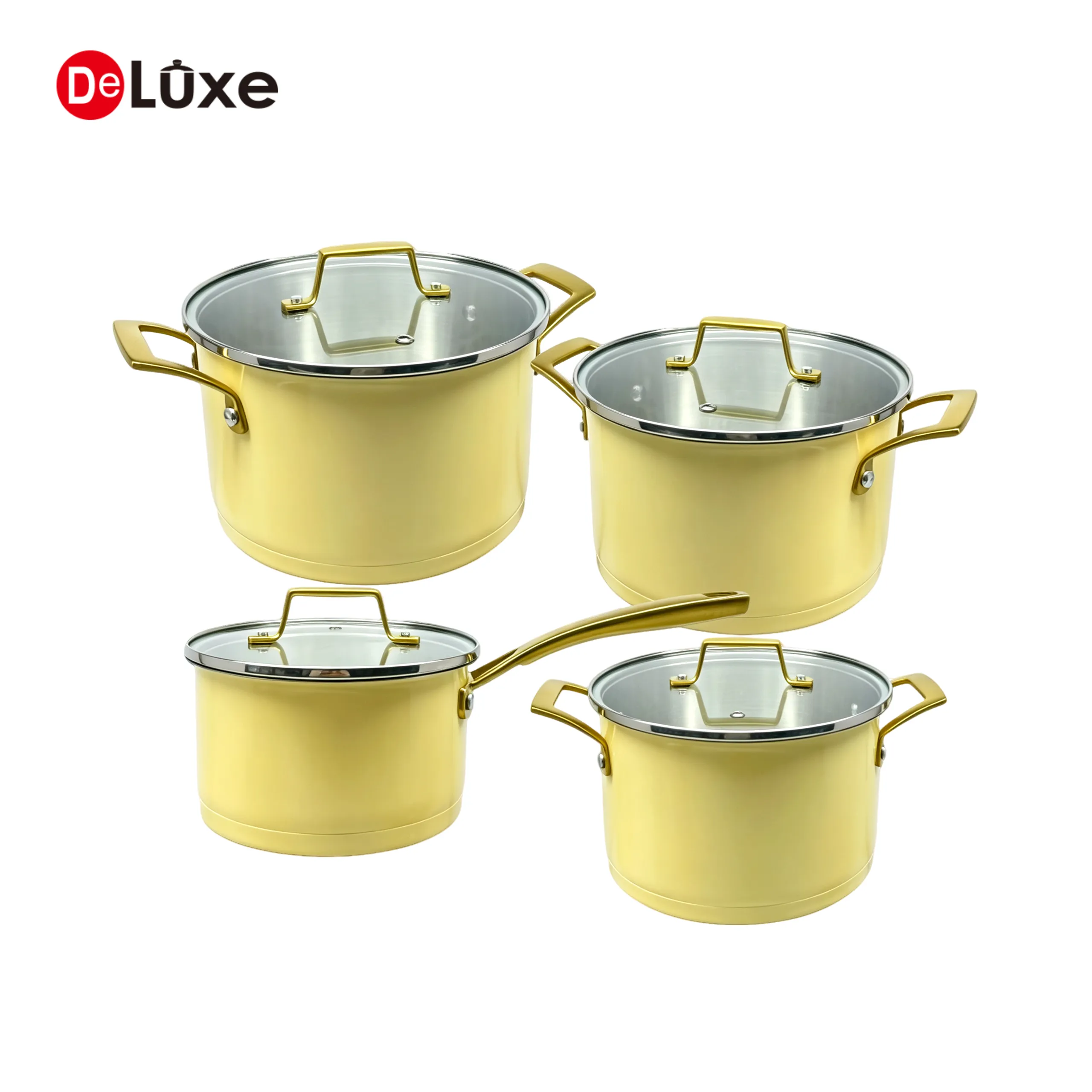 Deluxe 8-piece yellow ceramic stainless steel cookware set, suitable for gas & induction cooktop, custom OEM solutions.