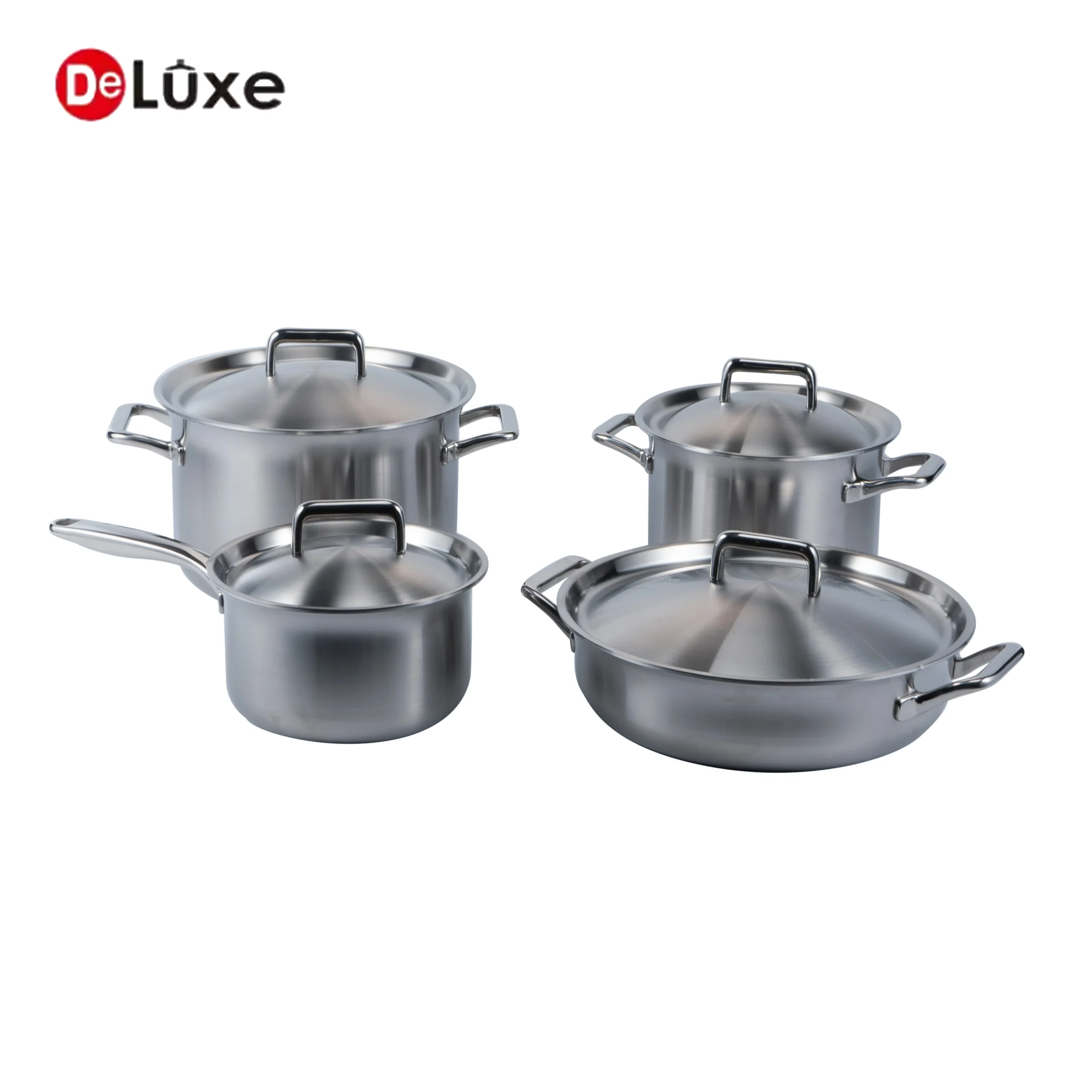 Deluxe admiration stainless steel cookware set with steel lids, stock pot, saucepan, milk pot, and shallow frying pan for gas and induction cooking