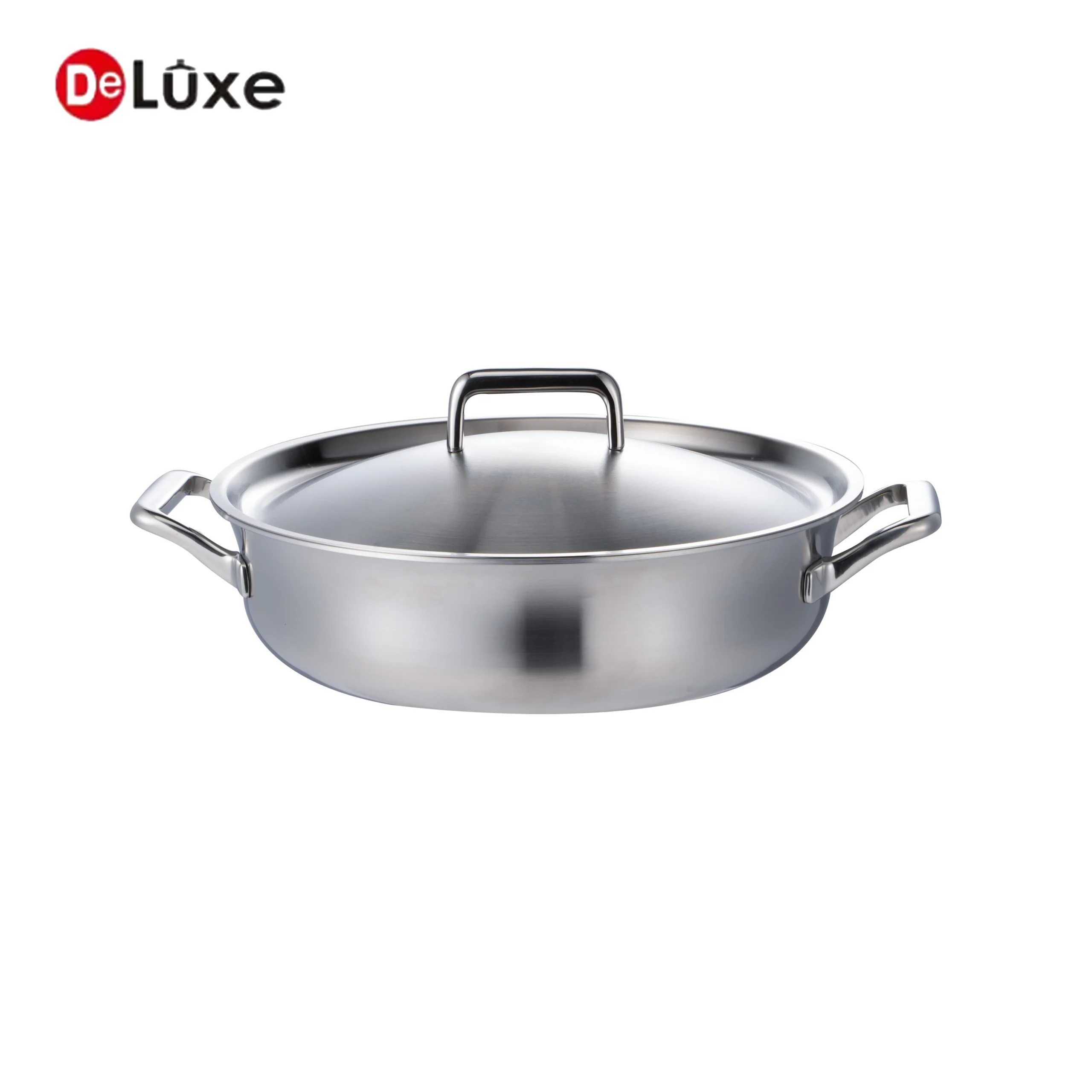 Deluxe admiration stainless steel shallow casserole pot with one-piece steel lid and double handles